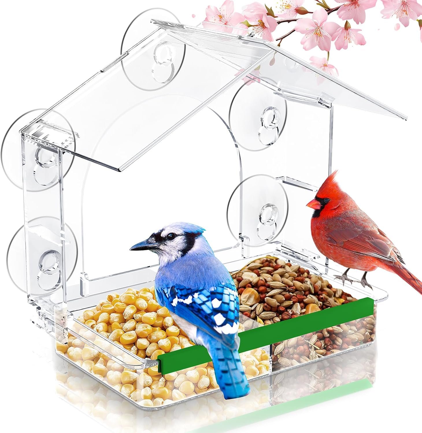Window Bird Feeder, Clear Birds Feeder with 5 Strong Suction Cups, Easy-to-Clean Detachable Feeding Tray, Outdoor Window Viewing Box, Weatherproof Garden Decor, Gifts for Bird Lovers, Cats