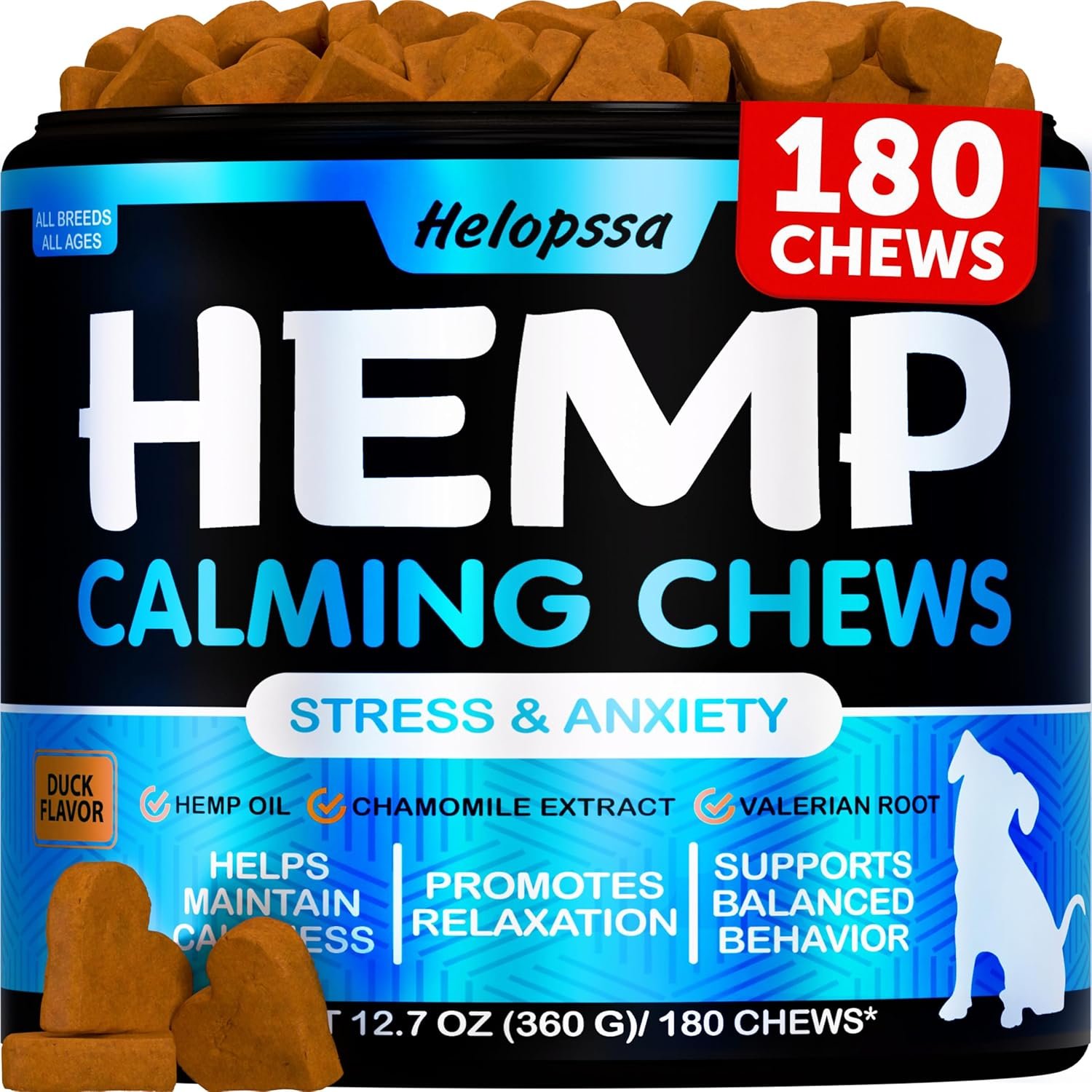 Hemp Calming Chews for Dogs with Anxiety and Stress – 180 Soft Dog Calming Treats – Dog Anxiety Relief – Storms, Fireworks, Thunder, Barking, Separation Aid – Valerian Root – L-Tryptophan – Hemp Oil