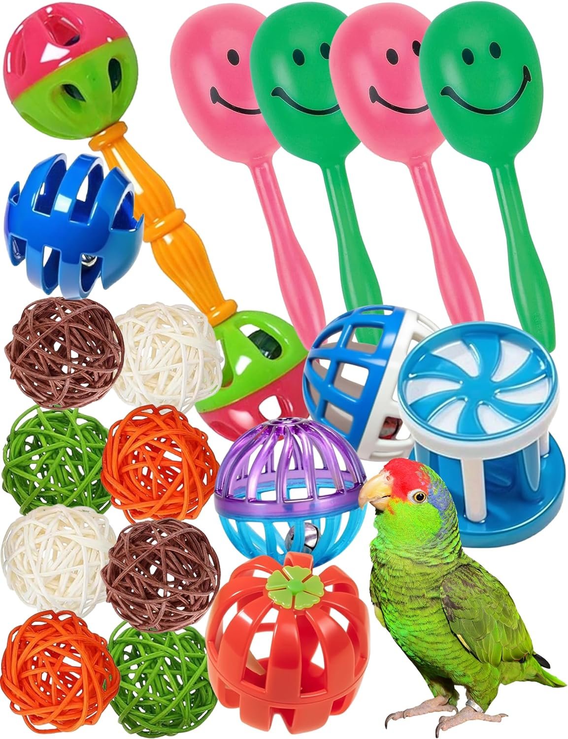 18-Pack Bird Toys Set for Parrots & Small Birds – Colorful Plastic & Rattan Balls with Bells (1.5” – 5.5”)