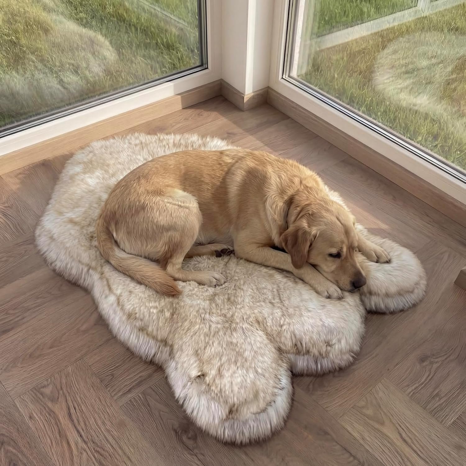 IHAPPYDOG Luxury Faux Fur Orthopedic Dog Bed, Memory Foam Dog Bed​ for​ Small, Medium, Large and XL Pets, Fluffy Pet Bed with Waterproof ​and ​Washable Cover (White w/Brown Tips, 50″x30″)