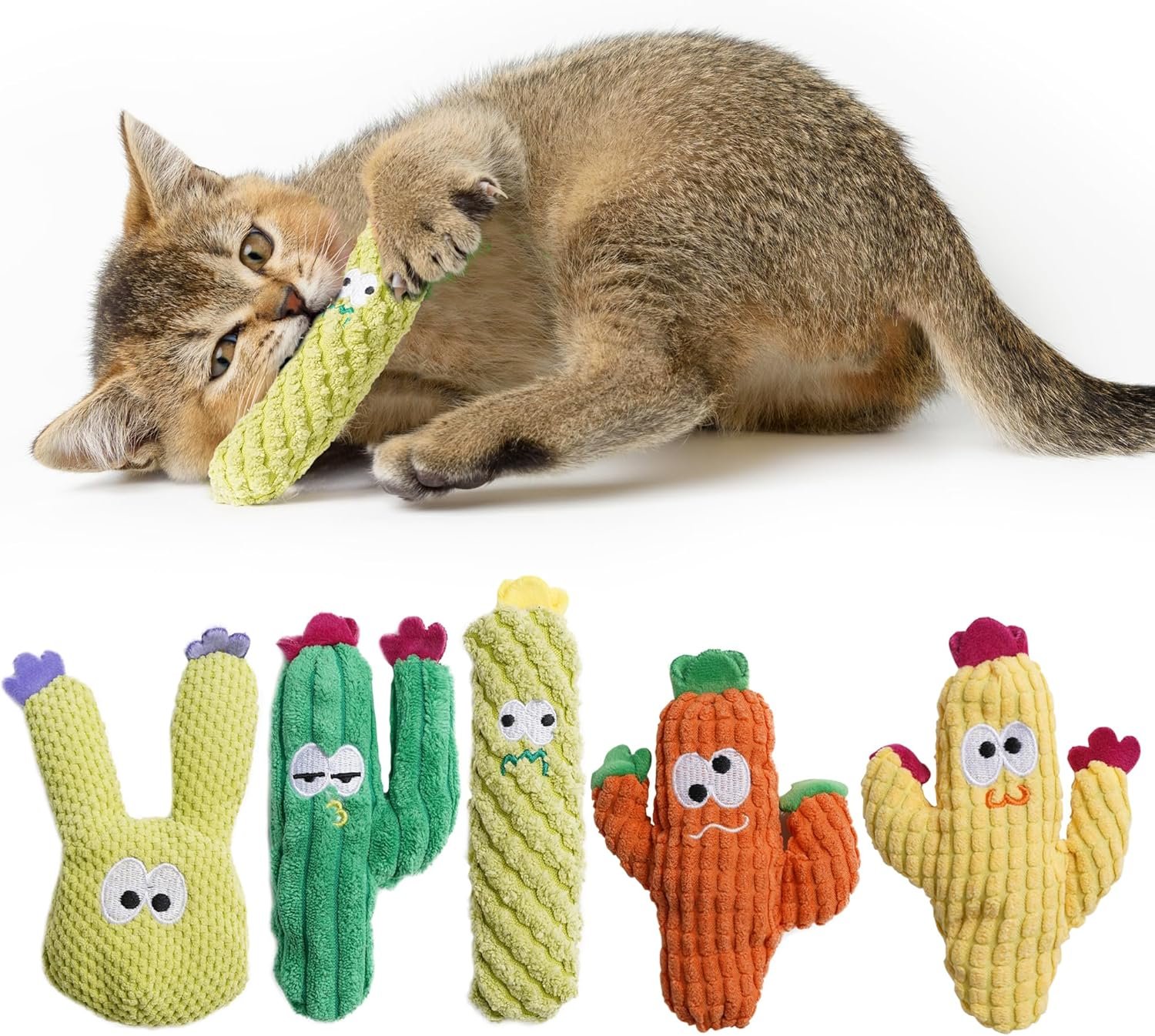 Pawsible Cat Toys for Indoor Cats, 100% Pure Organic Catnip-Filled Toys Without Cotton, Interactive Cactus Kitten Toy for Anxiety Relief, Soft Cute Teething &Chew Toys, 5 Pack