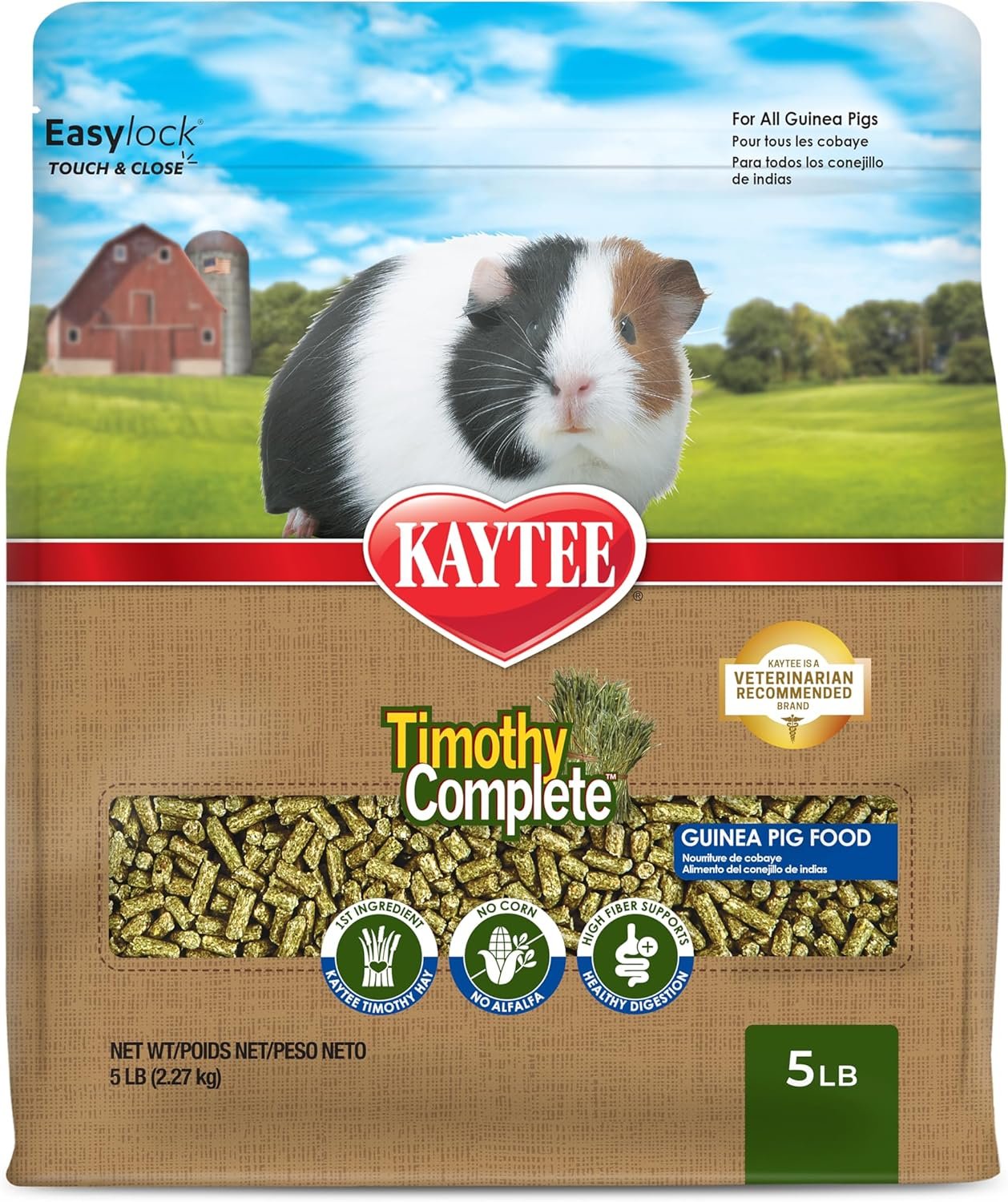 Kaytee Timothy Complete Guinea Pig Food, Made with Timothy Hay, High in Fiber, Supports Dental Health and Digestion, Long-lasting Vitamin C, 5 pounds
