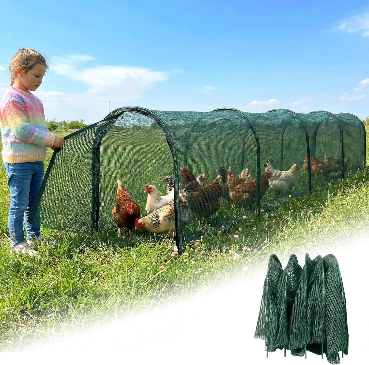 Chicken Runs for Yard,79″ & 157″ Extra Long Foldable Chicken Tunnels for Outside,All-in-One Kit with Sun Protection Net, Removable Door, Frame & Tools (Green, 157 * 21 * 32 inches)