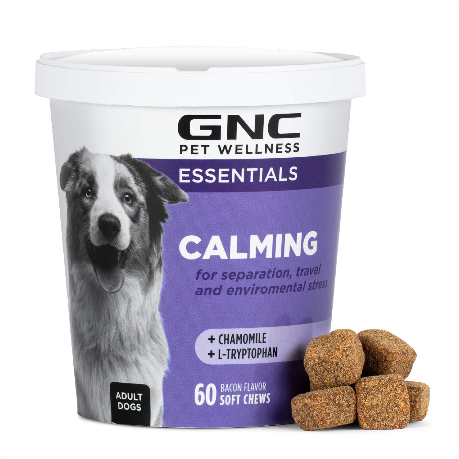 GNC Pets Essentials Calming Soft Chews for Dogs, Bacon Flavor Calming Supplement with Chamomile, Passion Flower, L-Tryptophan and Thiamine for Puppies and Adult Dogs, 60 Count