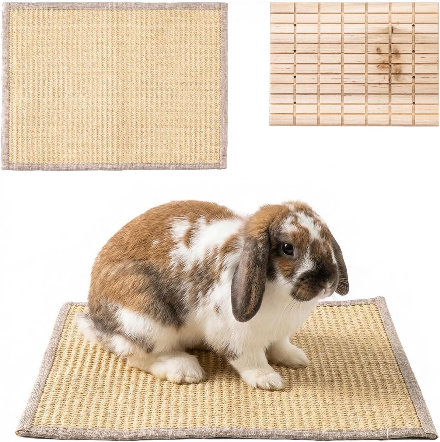 2 PCS, Rabbit Sisal Scratching Mat & Pine Wood Board Set, Indoor Natural Bunny Scratching Pad Toys, Bunny Bed and Bedding, for Claw Grinding & Boredom Relief, for Guinea Pigs, Chinchillas, Hamsters