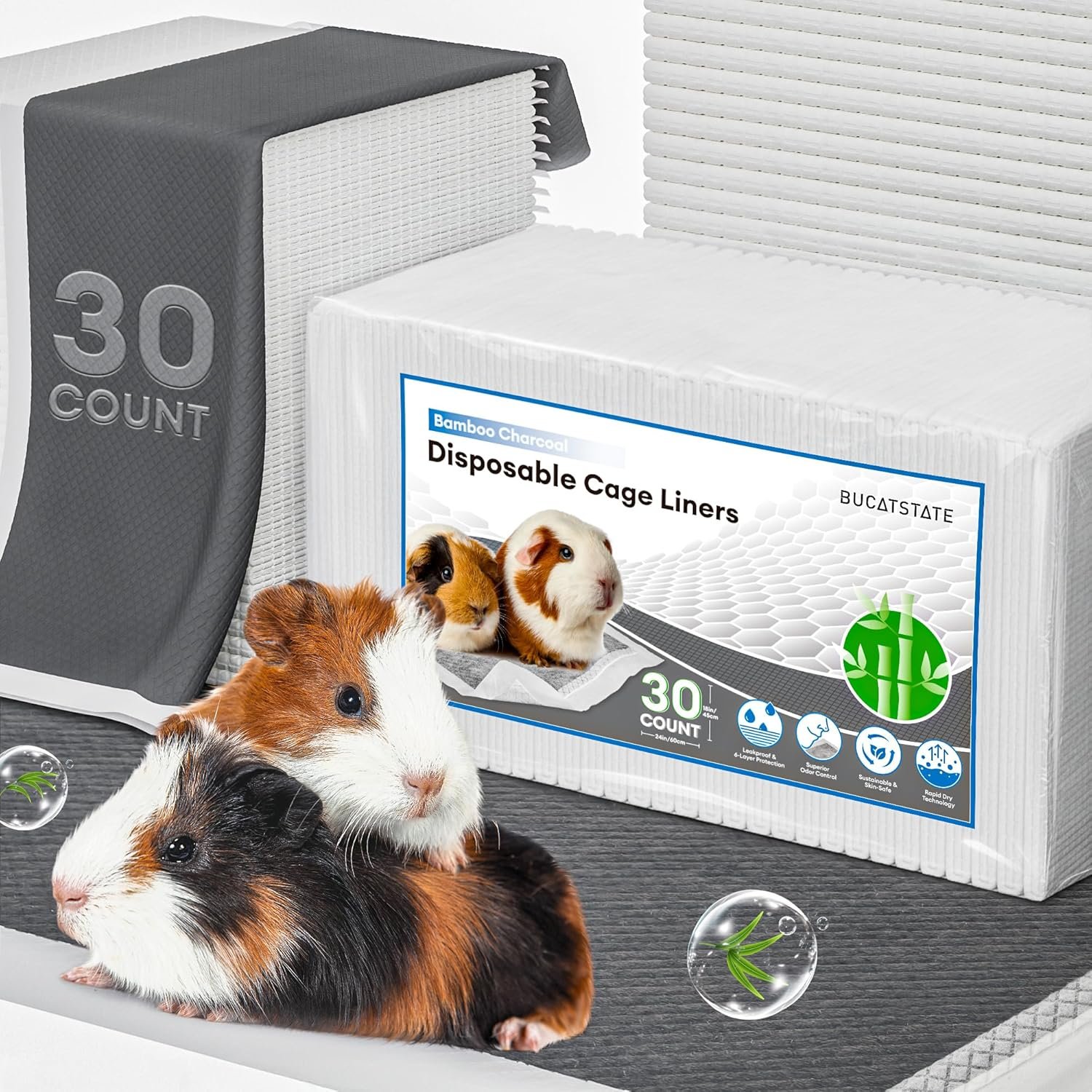BUCATSTATE Disposable Guinea Pig Cage Liners 30 Count, Super Absorbent Guinea Pig Bedding, Bamboo Charcoal Odor Control Pee Pads for Rabbits, Ferrets and Birds (18”x24”)