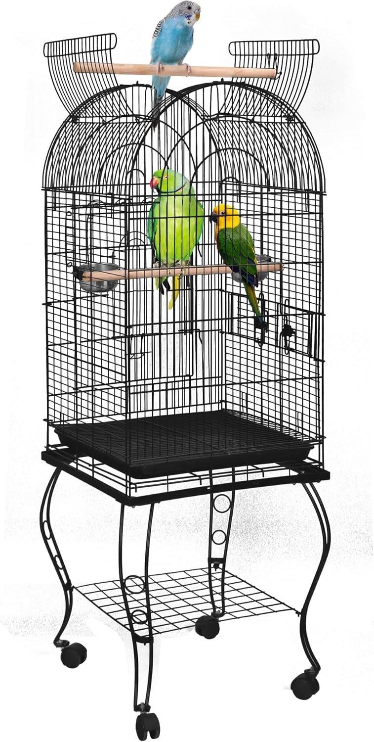 SUPER DEAL 64” Rolling Bird Cage Large Wrought Iron Cage for Cockatiel Sun Conure Parakeet Finch Budgie Lovebird Canary Medium Pet House with Rolling Stand & Storage Shelf