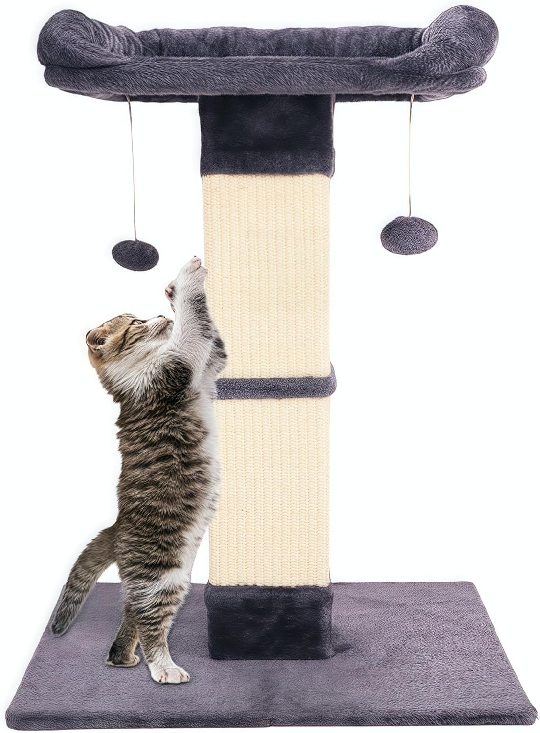 34″ Cat Scratching Post for Indoor Cats, Sisal Cat Scratcher with Large Plush Perch, Vertical Posts with Elevated Bed and with Two Dangling Balls, Removable & Washable Cover, Dark Grey