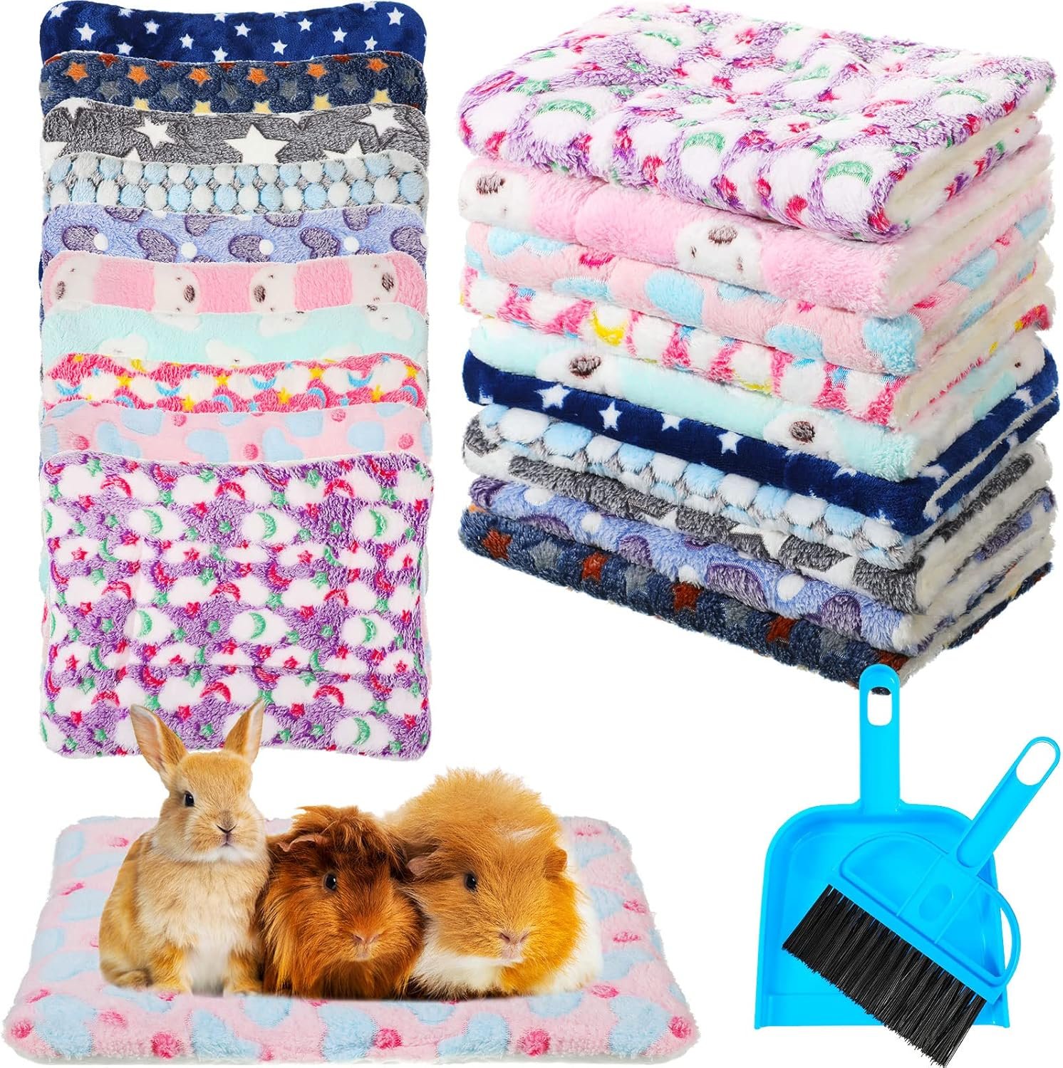 Tudomro 10 Pcs Guinea Pig Bed Mat with Cleaning Dustpan Brush 15″ x 11″ Animal Bedding Fleece Bunny Sleeping Pad for Small Dogs Cats Rats Hedgehogs Ferrets Hamster Indoor (Heart Star)