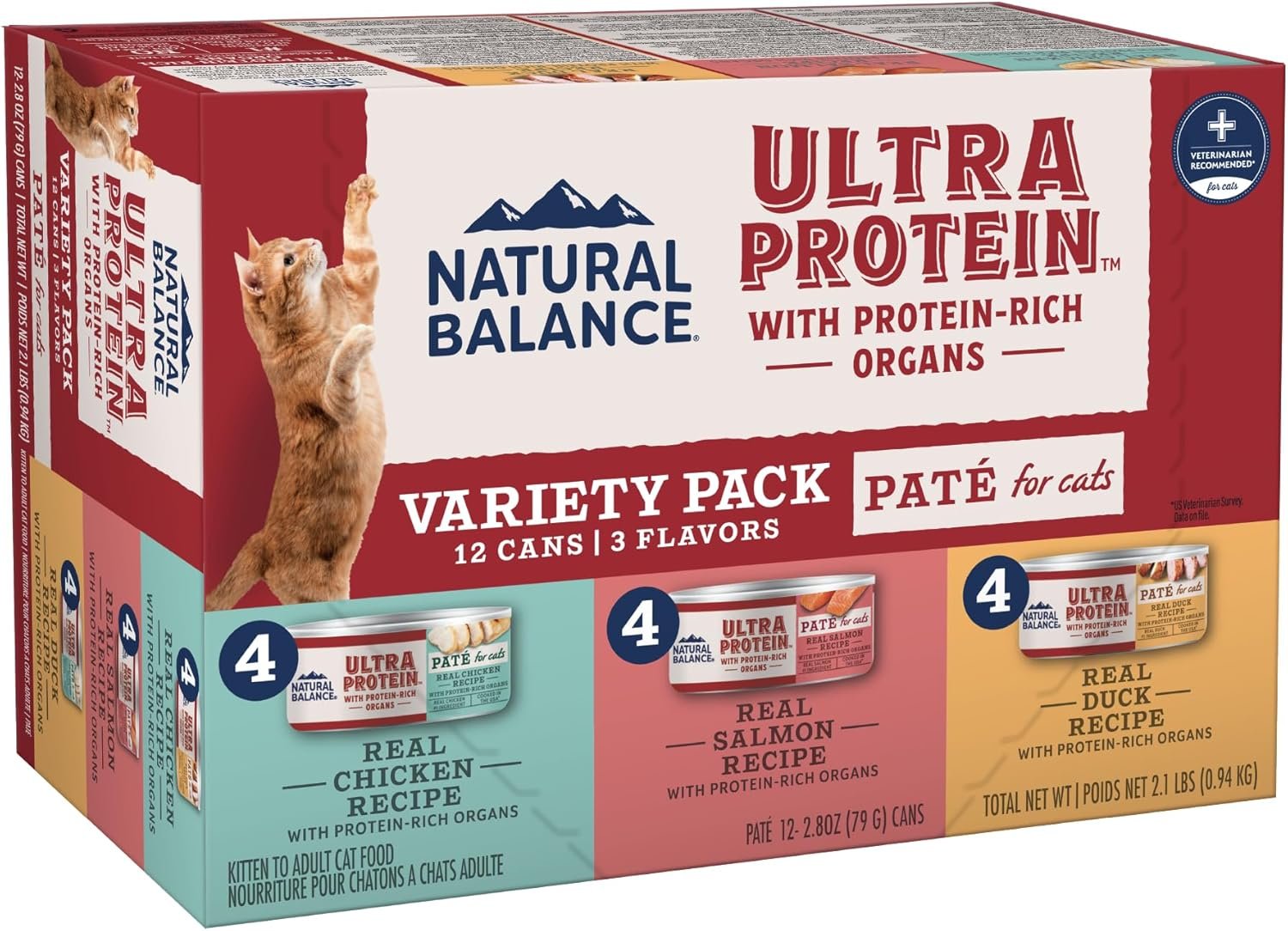 Natural Balance Ultra Protein Wet Cat Food Pate with Protein-Rich Organs for Cats, Variety Pack Recipes, Pate Cat Food with High Protein – 2.8oz. Case of 12