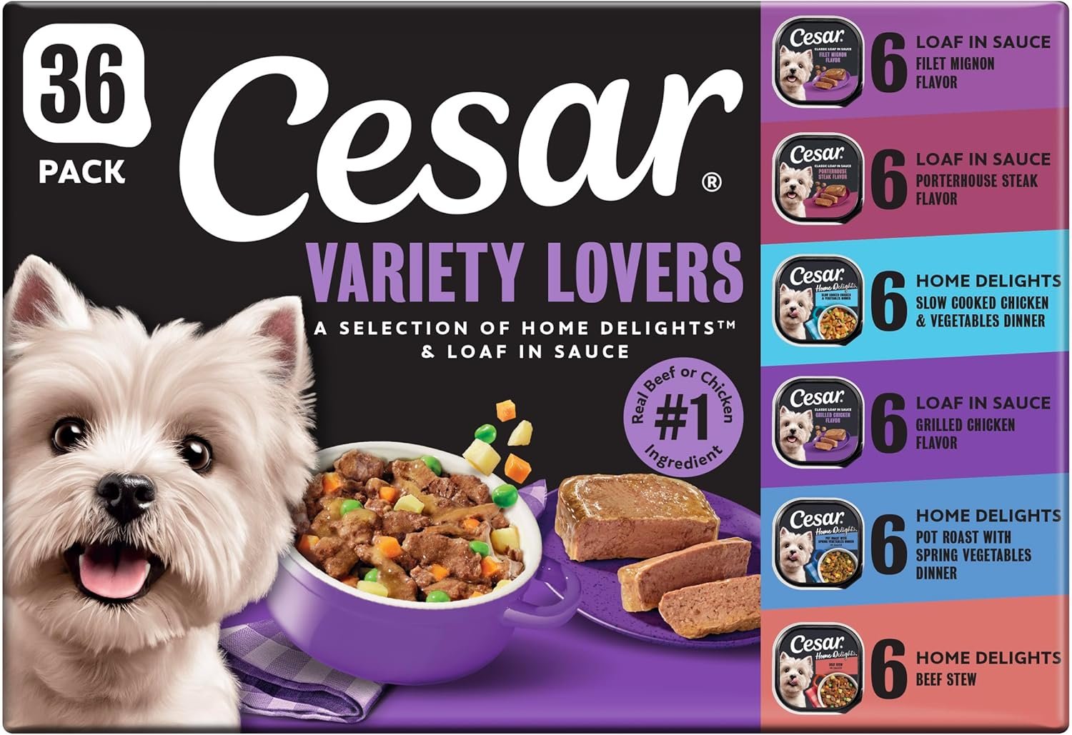 Cesar Home Delights & Classic Loaf in Sauce Wet Dog Food Variety Pack, 3.5 oz. Trays, 36 Count (Pack of 1)