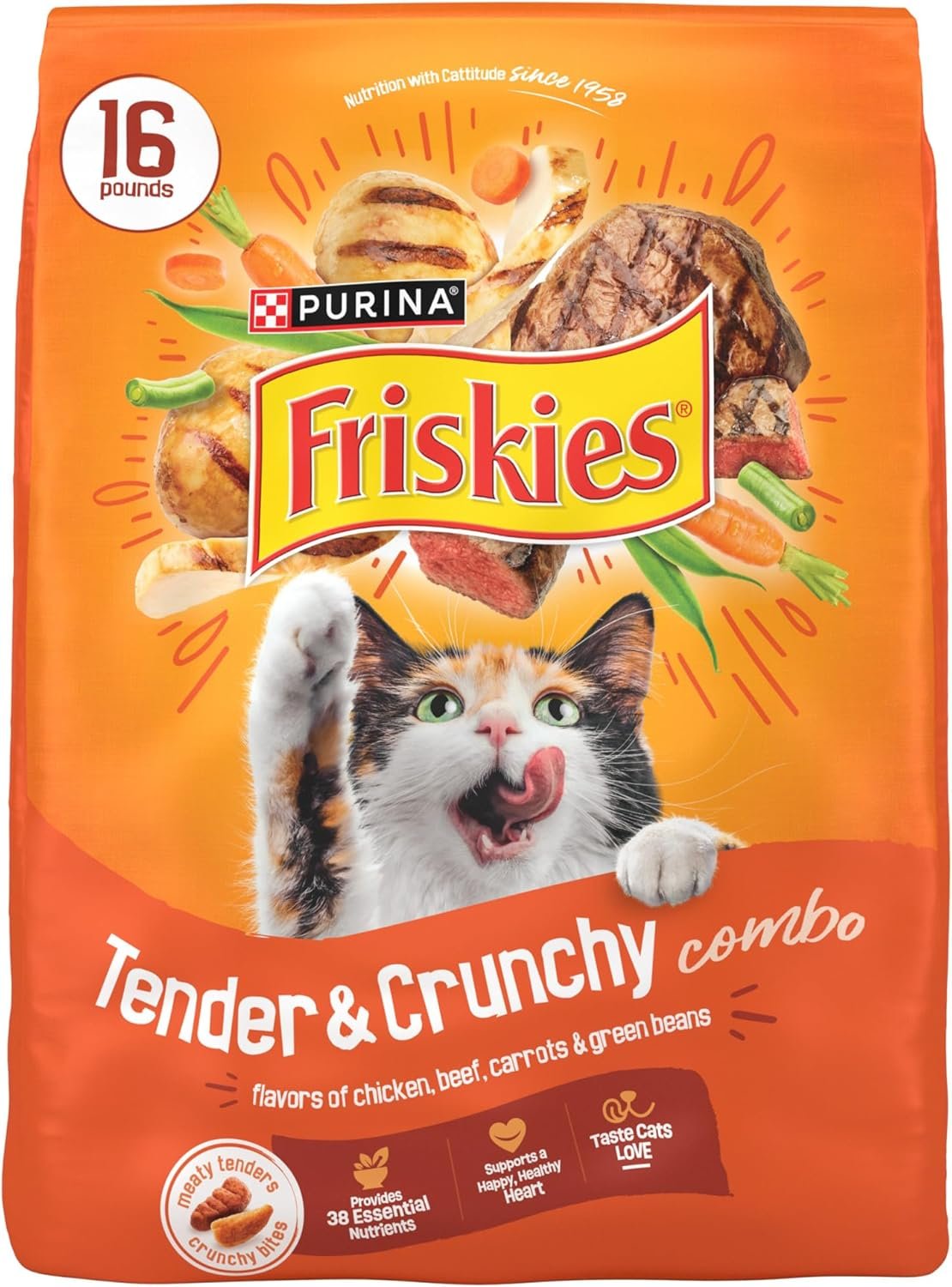 Purina Friskies Tender and Crunchy Combo with Flavors of Chicken, Beef, Carrots and Green Beans Dry and Tender Cat Food – 16 Lb. Bag (Packaging may vary)