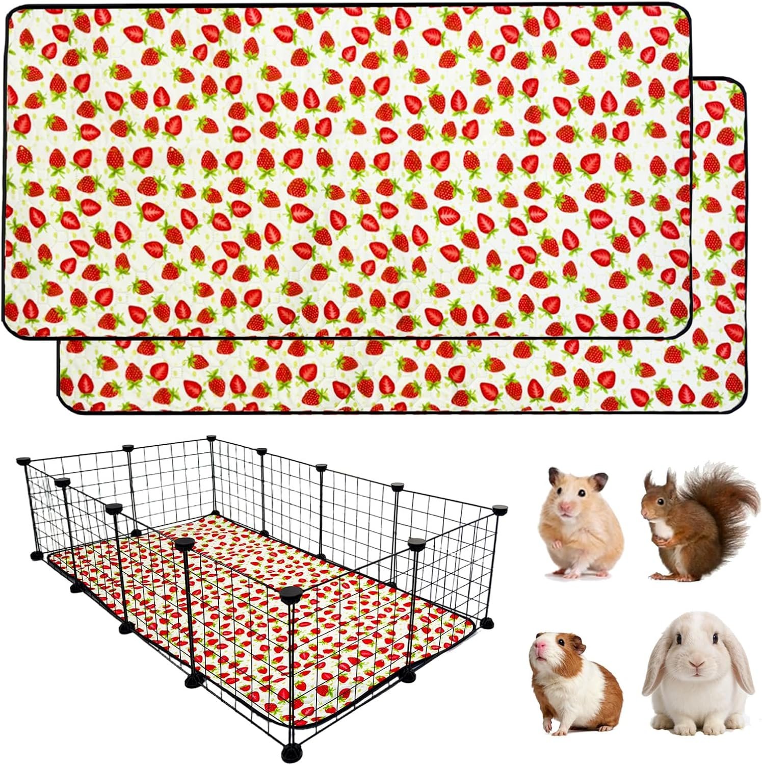 2 Pack Guinea Pig Cage Liners, 28″x 56″ Washable Waterproof Bedding for Rabbit, Bunny, Hamster & Small Animals, Reusable Super Absorbent Pee Pads for C&C Cage, Strawberry Print