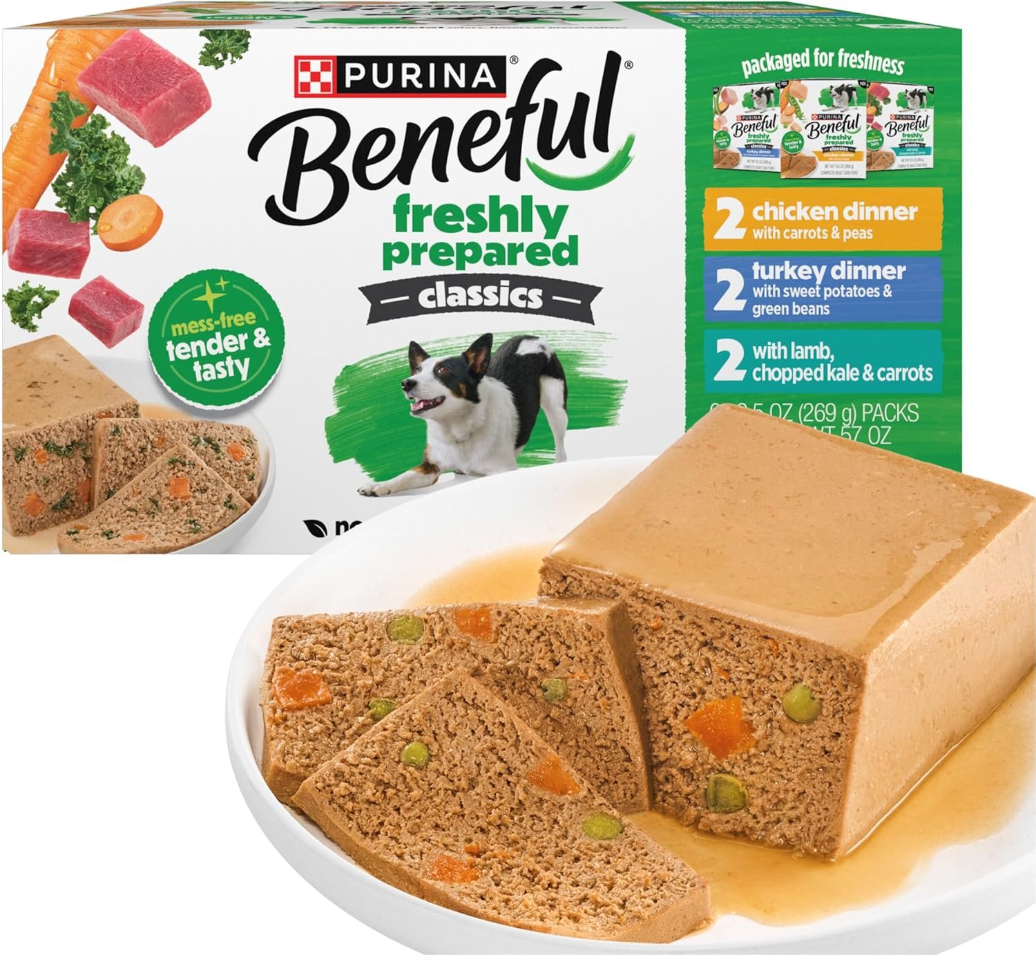 Purina Beneful Freshly Prepared Classics Wet Dog Food Variety Pack with Chicken Dinner, with Turkey or with Lamb – 9.5 oz Carton (Pack of 6)