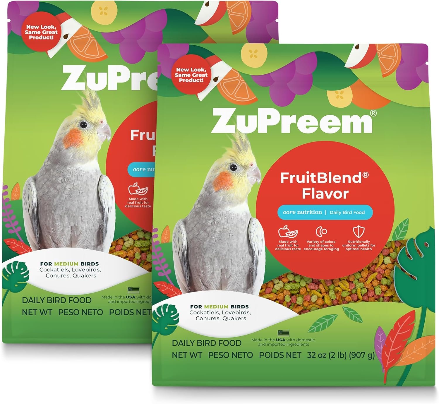 ZuPreem FruitBlend Cockatiel Pellets – Vitamin Fortified Medium Bird Food for Cockatiels, Quakers, Lovebirds & Small Conures – Pellet Diet, 2 lb (Pack of 2)
