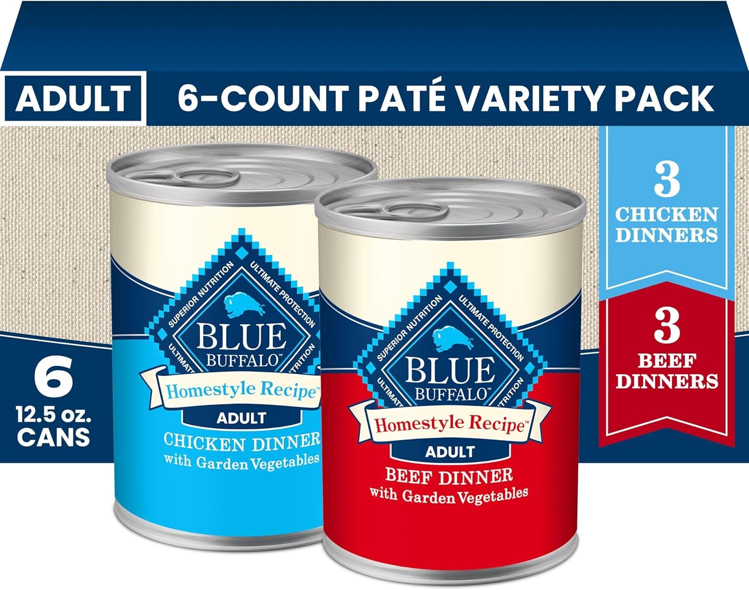 Blue Buffalo Homestyle Recipe Wet Dog Food Paté Variety Pack, Chicken Dinner & Beef Dinner with Garden Vegetables, Made with Natural Ingredients, 12.5-oz. Can (6 Count, 3 of Each)