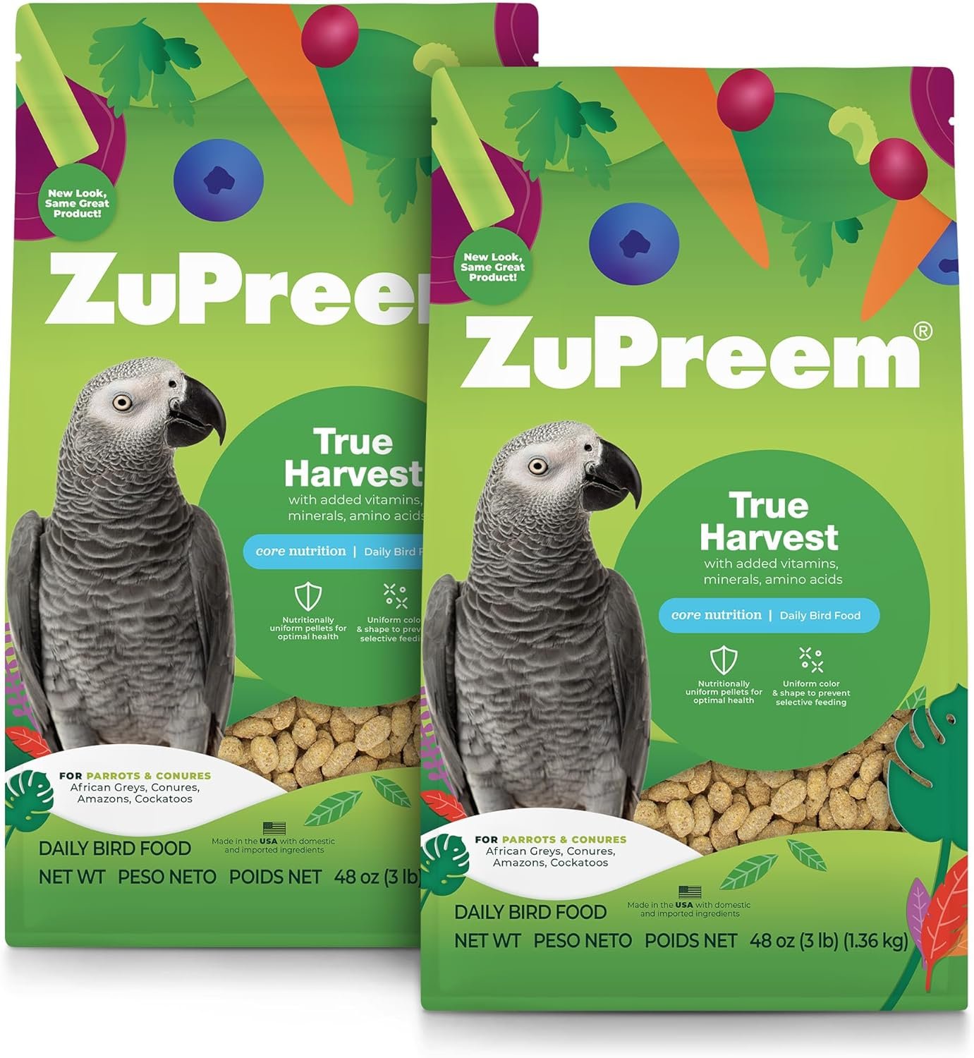 ZuPreem True Harvest Parrot Pellets – Natural Bird Food for Parrots & Conures, Medium to Large Bird Pellet Diet for African Greys, Amazons, Eclectus & Caiques, 3 lb (Pack of 2)