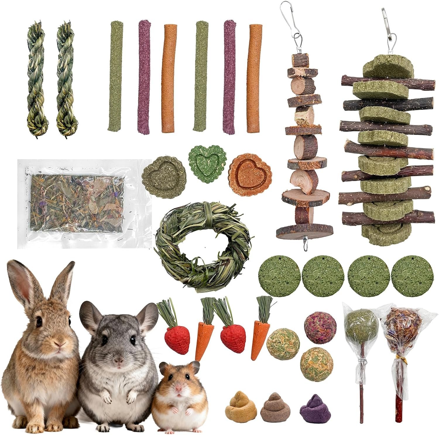 Rabbit Chew Toys, Toys for Guinea Pigs & Hamsters – Natural Chew Sticks & Balls Set for Small Animals, Dental Care Treats for Chinchillas, Bunny – 20+ Toys for Teeth Health (32 Pieces)
