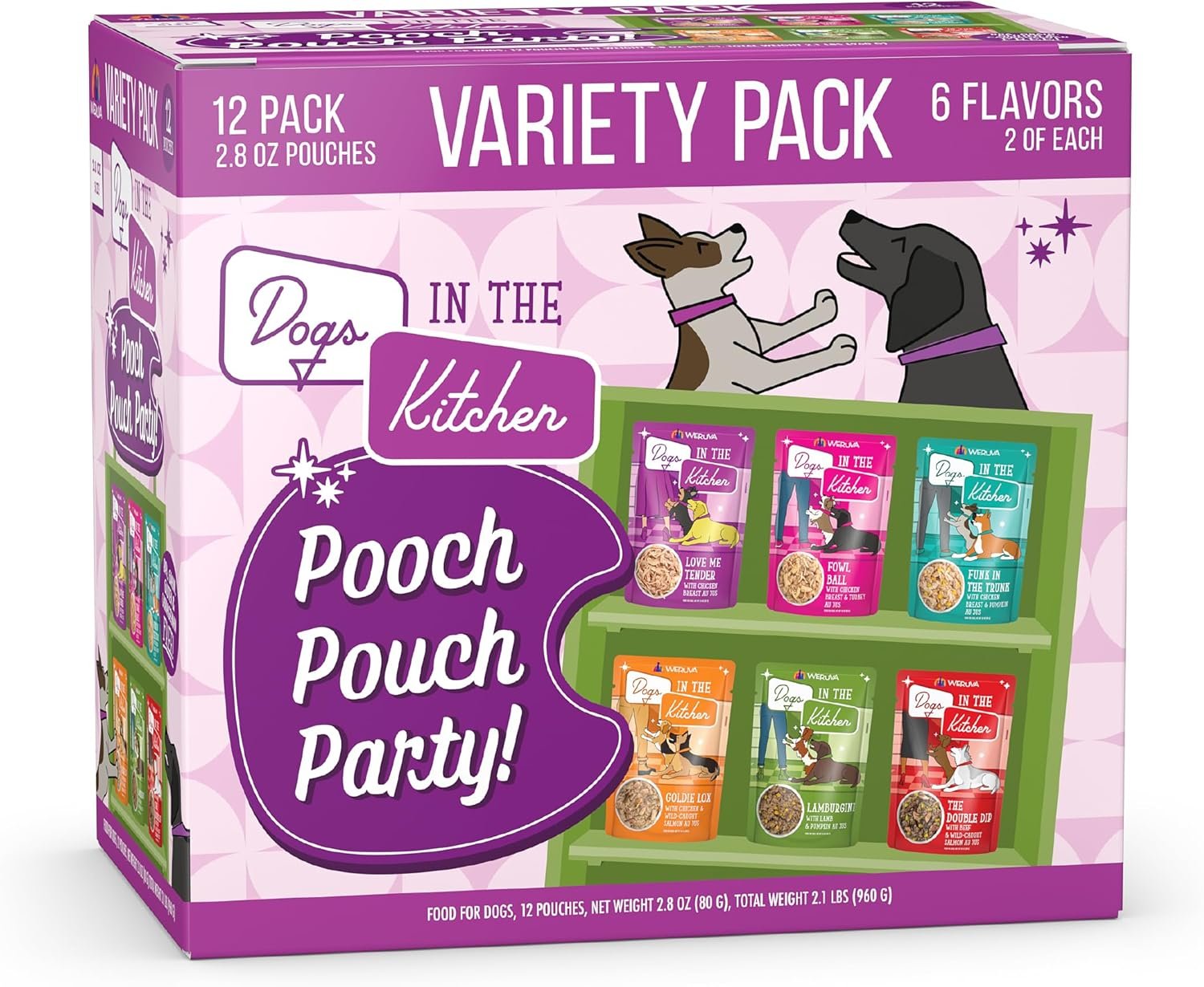 Weruva Dogs in The Kitchen, Variety Pack, Pooch Pouch Party!, Wet Dog Food, 2.8Oz Pouches (Pack of 12)