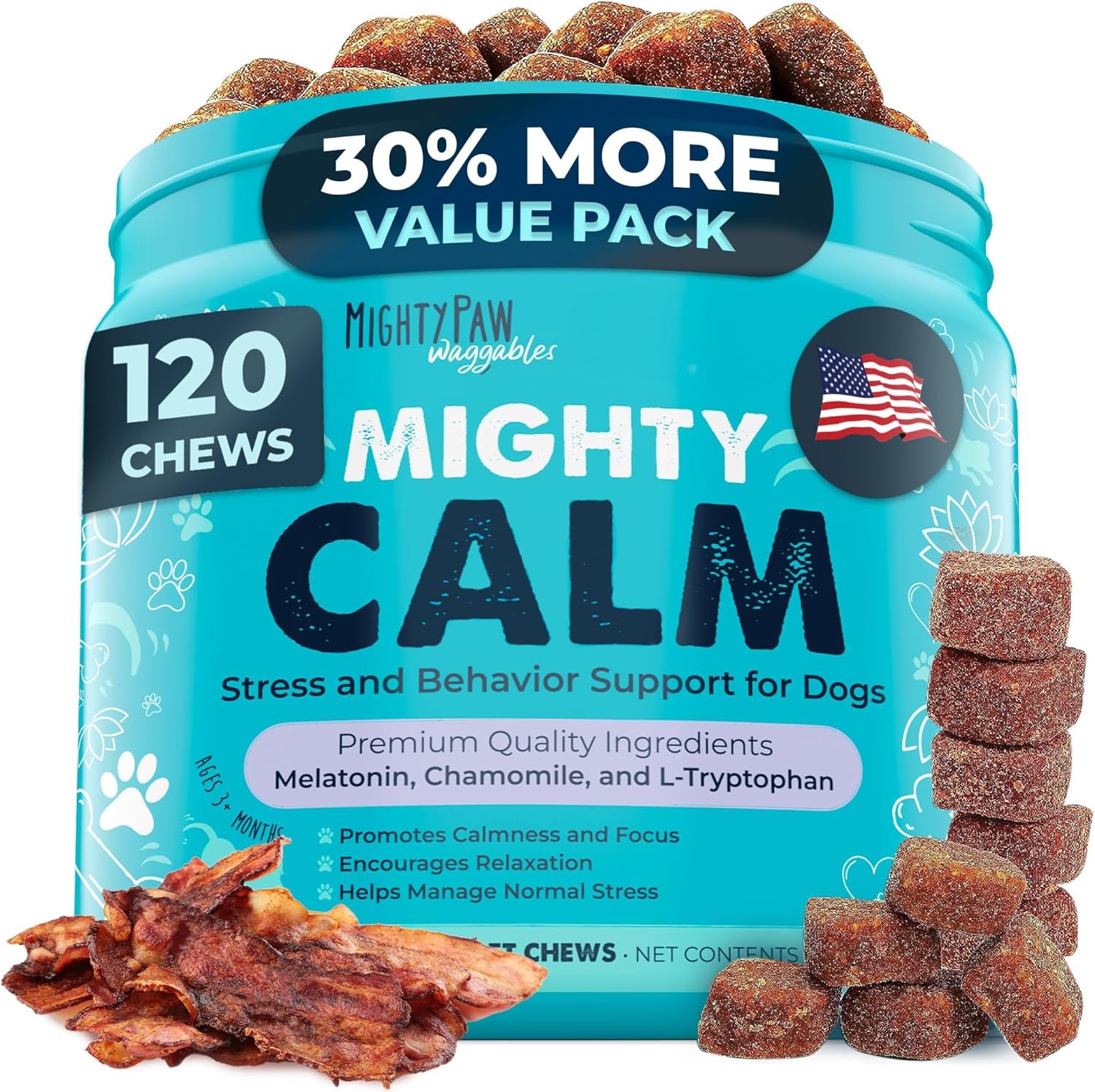 Mighty Paw Calming Chews for Dogs with Melatonin – Vet Formulated Dog Sleep Aid – Puppy & Large Pet Treats – Waggables Calm -Composure Calming Chews for Stress & Relaxation, 120 Count (Made in USA)