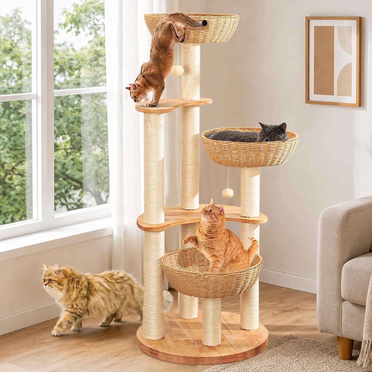 54″ Modern Cat Tree Tower for Indoor Cats, Oak Cat Scratching Tree for Multiple Large Cats, Manual Hand Woven Luxury Cat Condo, Unique High-end Design Cat Furniture Activity Centre, Easy Clean