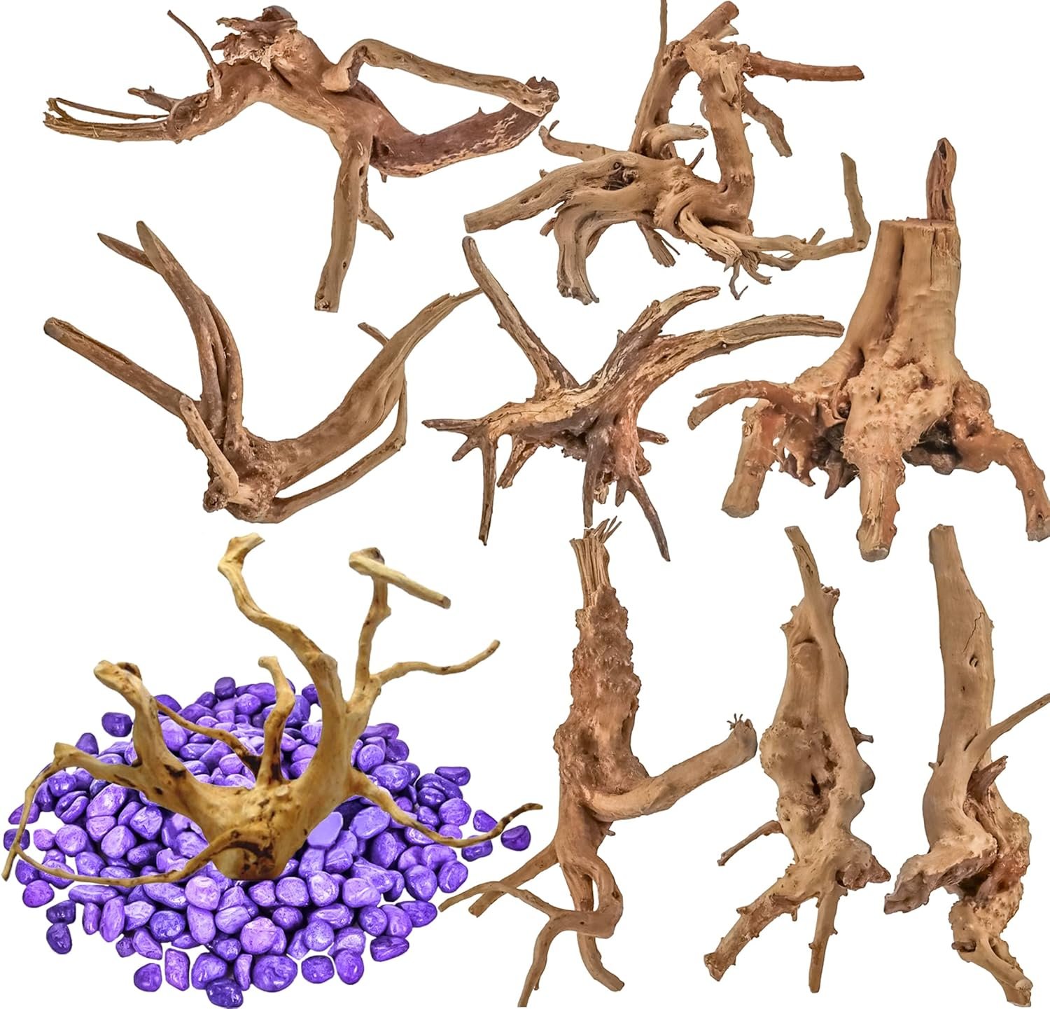Vmiapxo 8 Pieces Natural Driftwood for Aquarium Decor, Assorted Sinkable Spider Wood, Reptile Drift Wood Branches Fish Tank Decorations (3.15”-4”)
