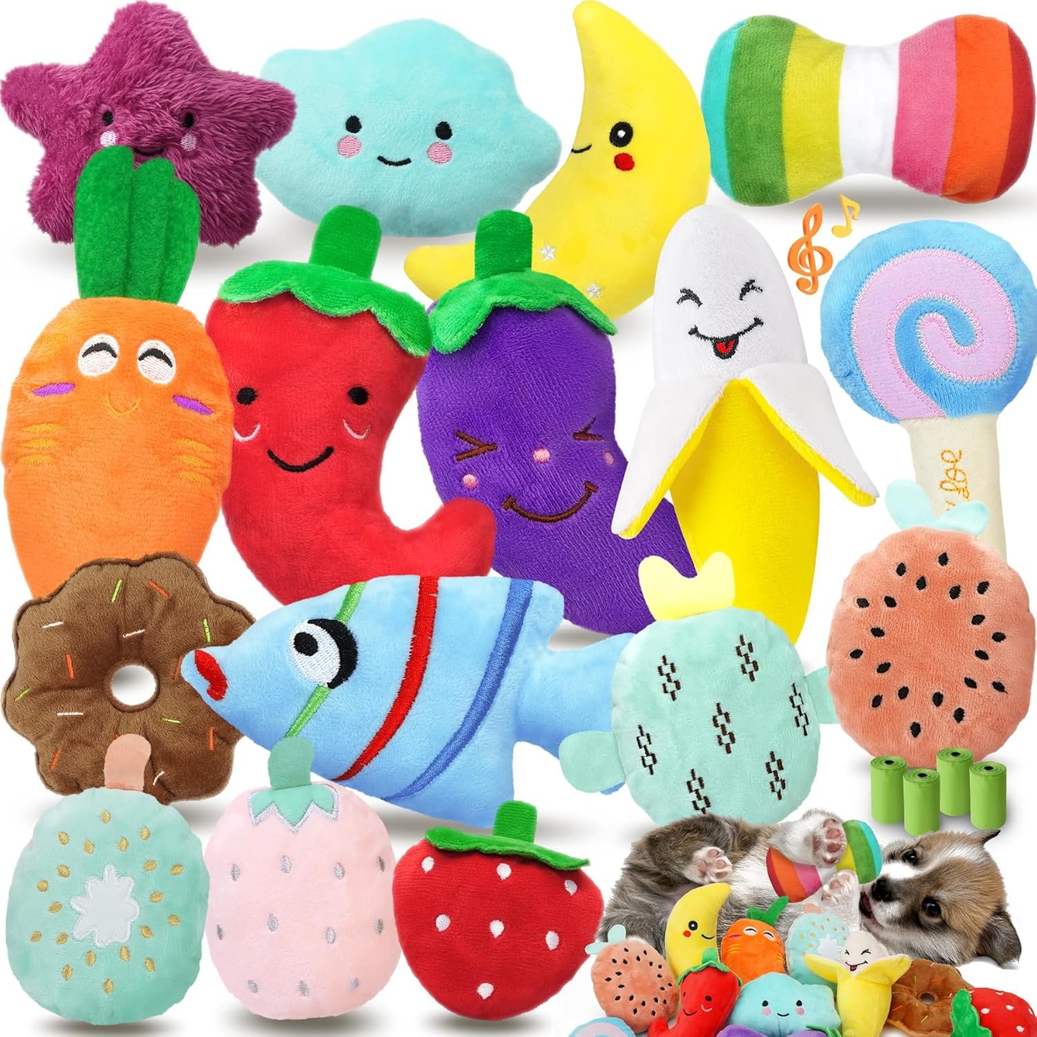 Cheerful 20-Pack Squeaky Dog Toys Set – Included 4 Dog Bags, Plush Puppy Toys with Irresistibly Cute Characters for Small Dogs, Interactive Dog Squeak Toys for Fun&Teeth Cleaning