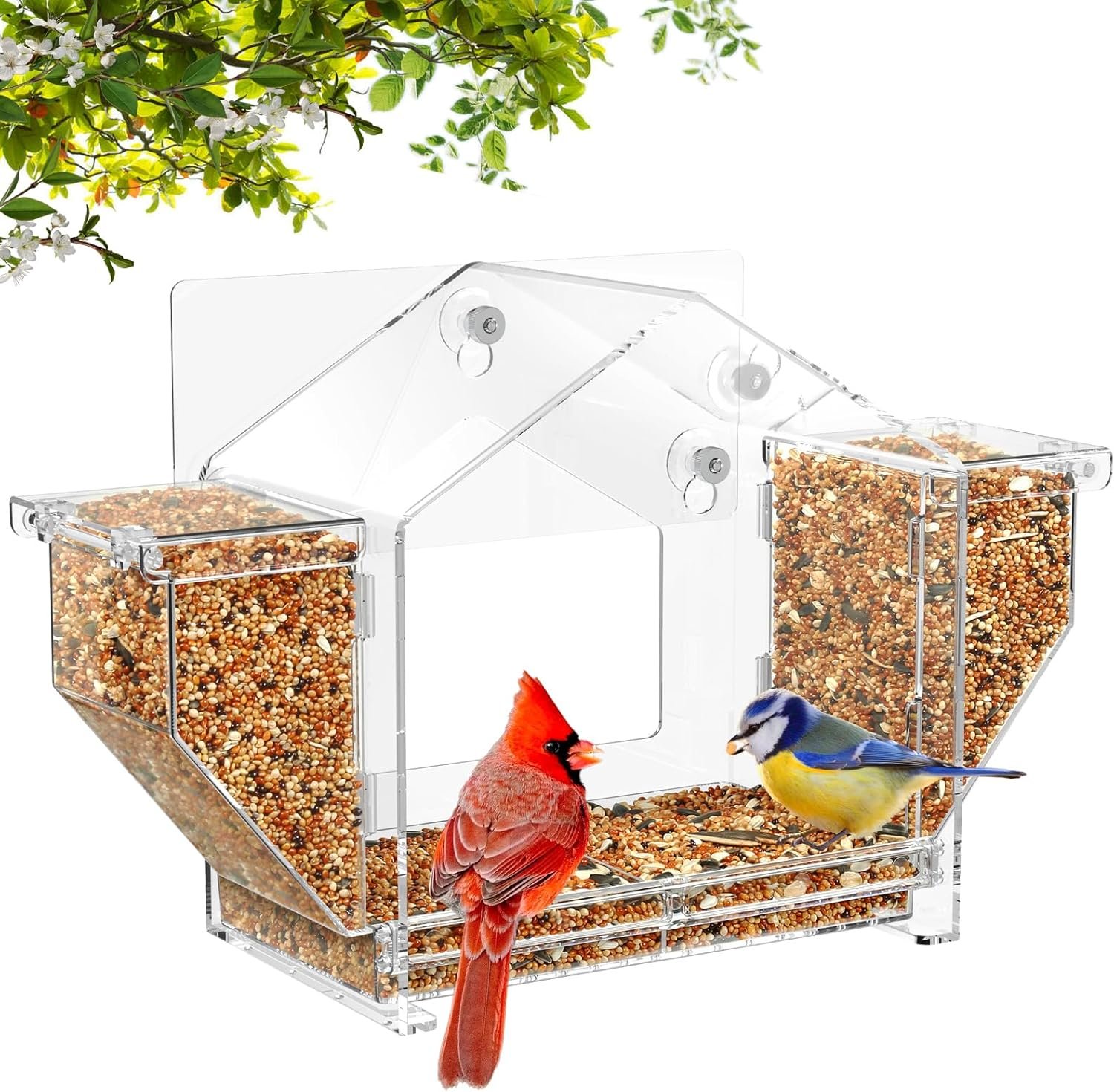 Upgraded Window Bird Feeder with Dual Side Hoppers – High Capacity Outside Birdfeeder for Window – Strong Suction Cups & Adhesive Options, Close-up Viewing for Indoor Cats & Seniors, Ideal Nature Gift