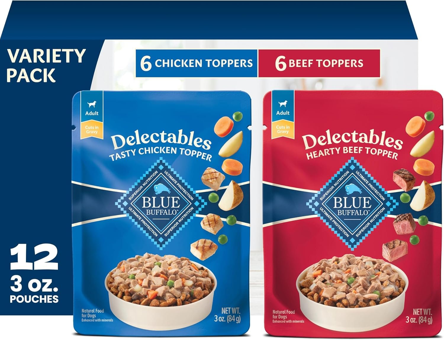 Blue Buffalo Delectables Variety Pack Natural Grain Free Wet Dog Food Topper (Tasty Chicken & Hearty Beef) Tender Cuts in Gravy with Natural Ingredients, Vitamins & Minerals, 3-oz. Each (12 Pouches)