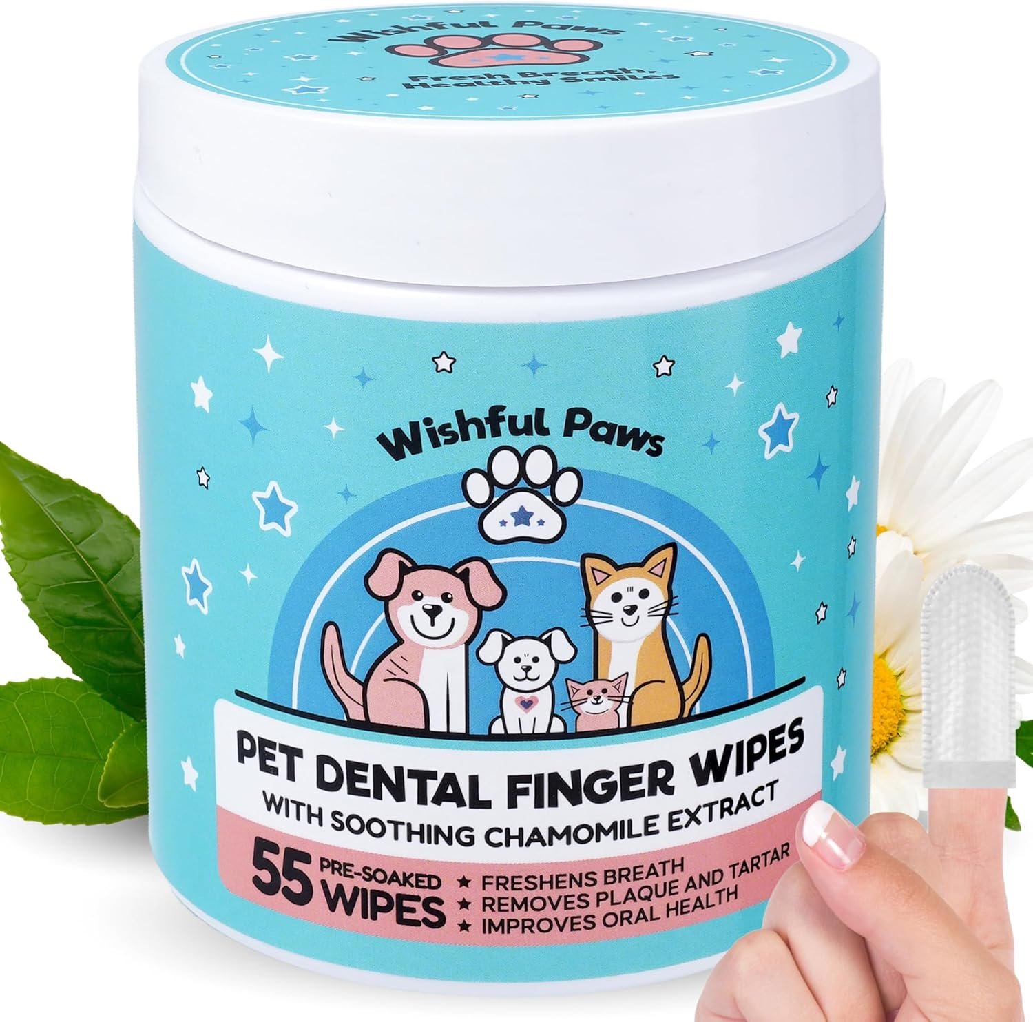 Dog Teeth Cleaning Wipes – Dog Tooth Brushing Kit – Dog Toothbrush Finger Wipes – Removes Plaque & Tartar, Dog Breath Freshener – No-Rinse Pet Dental Care for Dogs & Cats – Easy Use – 55 Count