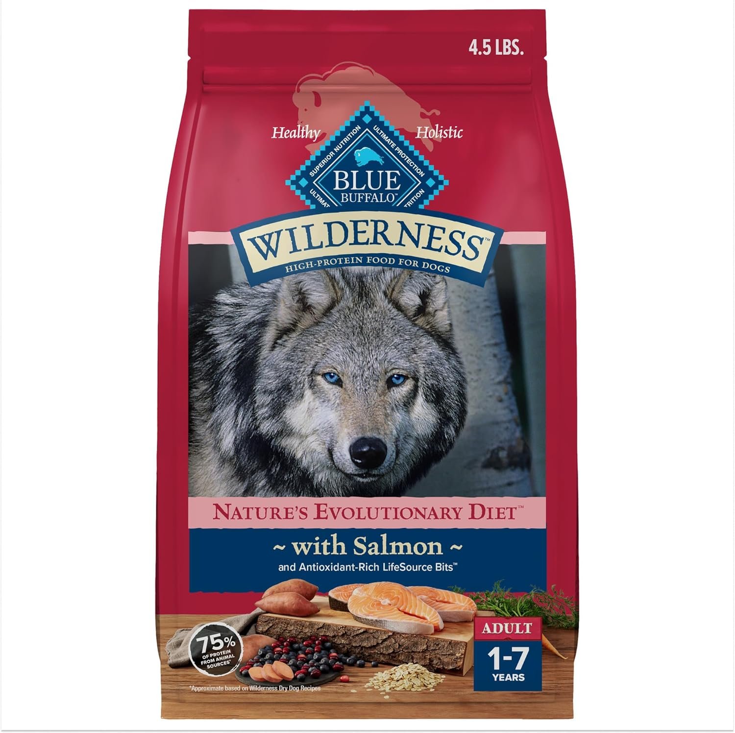 Blue Buffalo Wilderness with Salmon High Protein Dry Dog Food for Adult Dogs, 34% Protein, Supports Immunity with Antioxidant-Rich LifeSource Bits, 4.5 lbs.