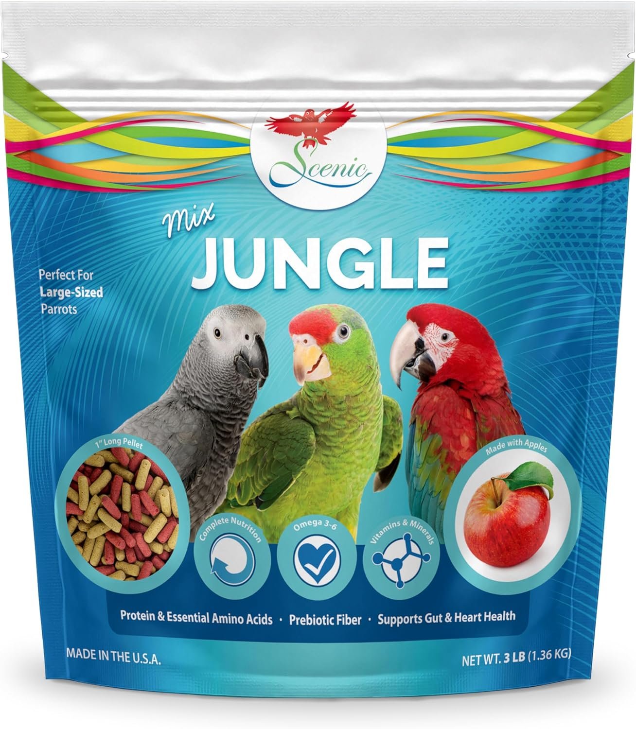 Scenic Mix Jungle Large Parrot Food – 3 lb Bag – 1″ Bird Pellets – Complete Nutrition for Macaws, Amazons, Cockatoos, African Grey Parrots & More