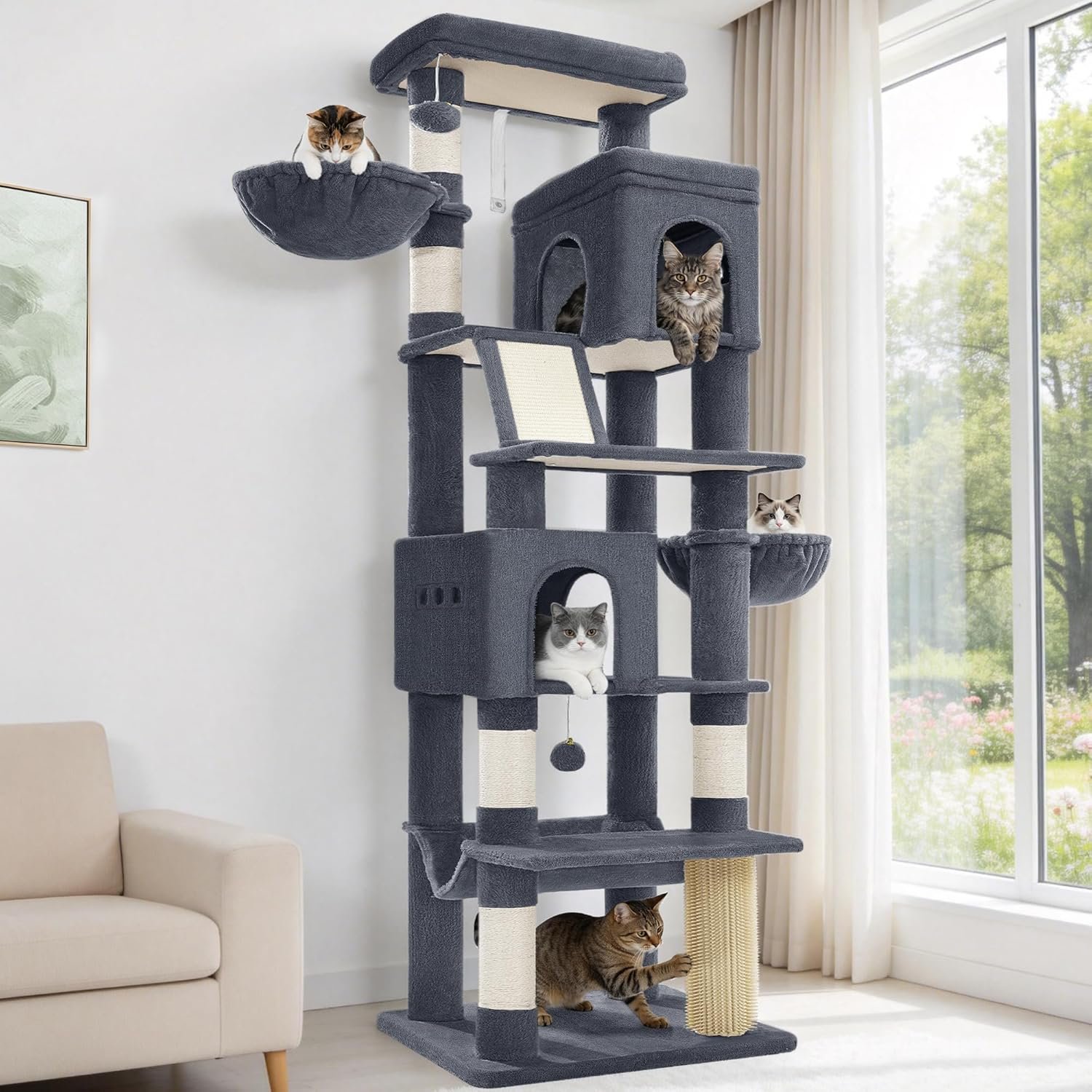 Hzuaneri Big Cat Tree, 75 Inch Tall Multi-Level Cat Tower, Indoor Larger Cat Condo Furniture with 5 Scratching Post, 2 Hanging Basket, 2 Condo, 2 Large Platform, Pet Play House, Dark Grey MS21318SG