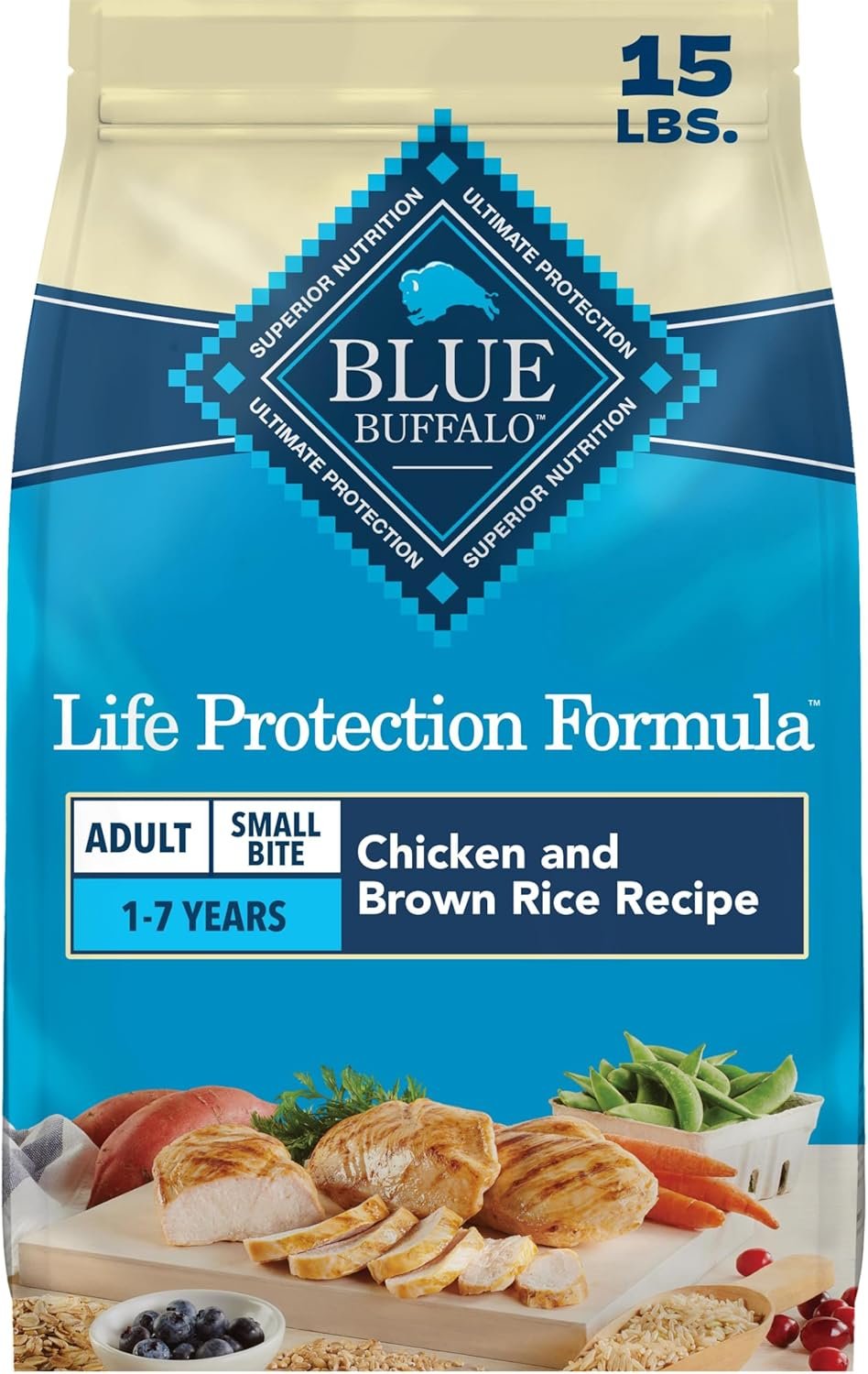 Blue Buffalo Life Protection Formula Chicken & Brown Rice Small Bite Adult Dry Dog Food, Supports Immunity with Antioxidant-Rich LifeSource Bits, Promotes Healthy Muscles, Skin & Coat Health, 15 lbs.