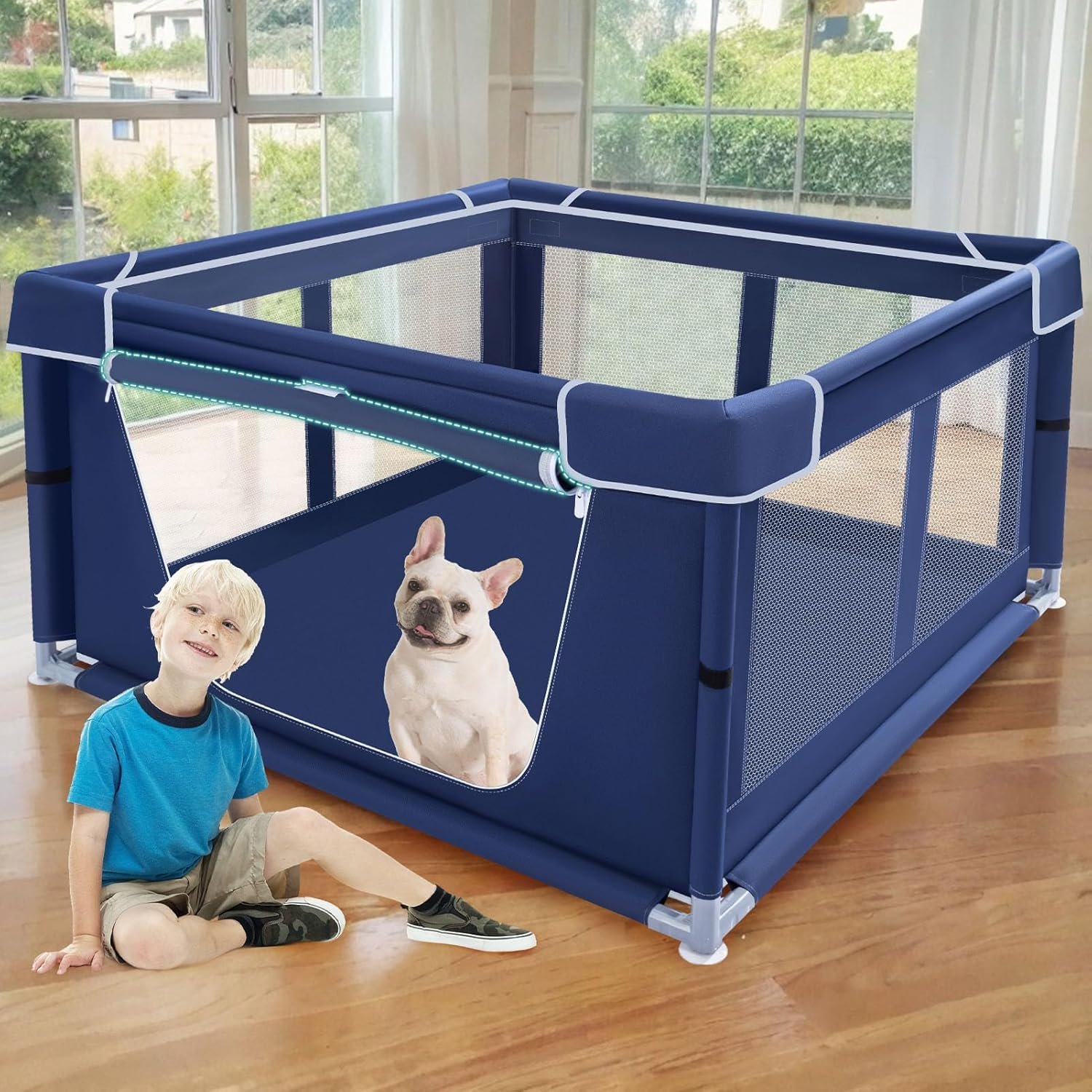 XVISHX 42×42 Inches Puppy Playpen with Gate, Dog Playpen for Puppies or Small Dogs, DogFence Pet Playpen for Indoor & Outdoor, Sturdy Safety DogPen with Thickened Fabric, High-Strength Nylon Wire Mesh