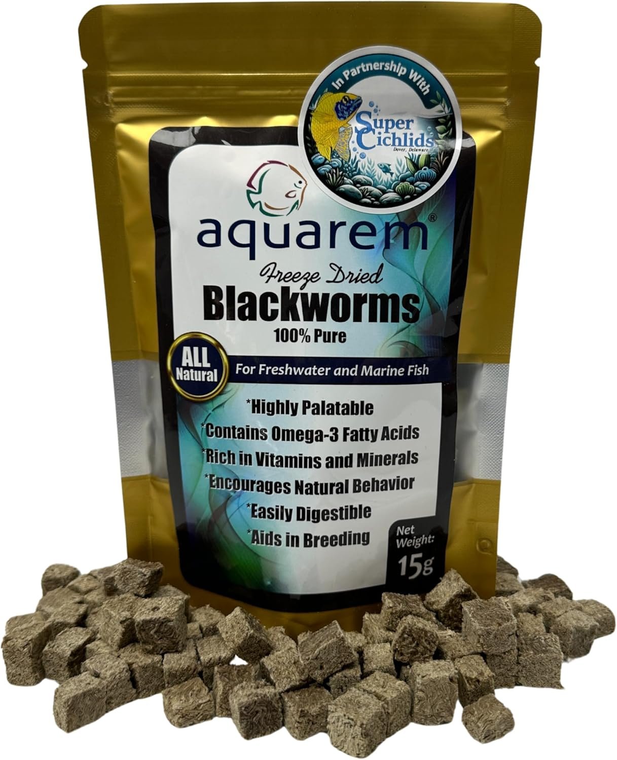 Super Cichlids Freeze Dried California Blackworms – All Natural – Perfect for Marine & Tropical Aquariums – High Protein, No Preservatives – Ideal Live Blackworms Alternative Fish Food (15 Grams)
