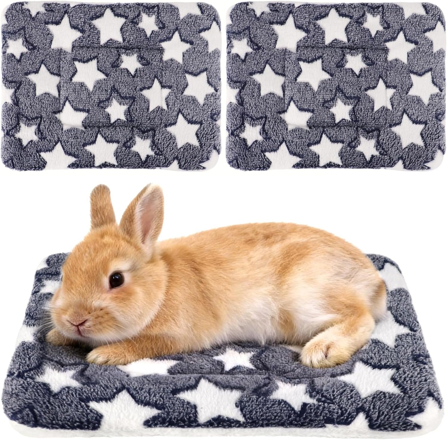 2 Pcs Bunny Bed, Washable Rabbit Bed, Double-Sided Fleece Sleeping Pad for Guinea Pig, Dwarf Rabbit, Chinchilla, Ferret, Hamster, Warm Small Animal Cage Mat, 13x10in, Gray Star