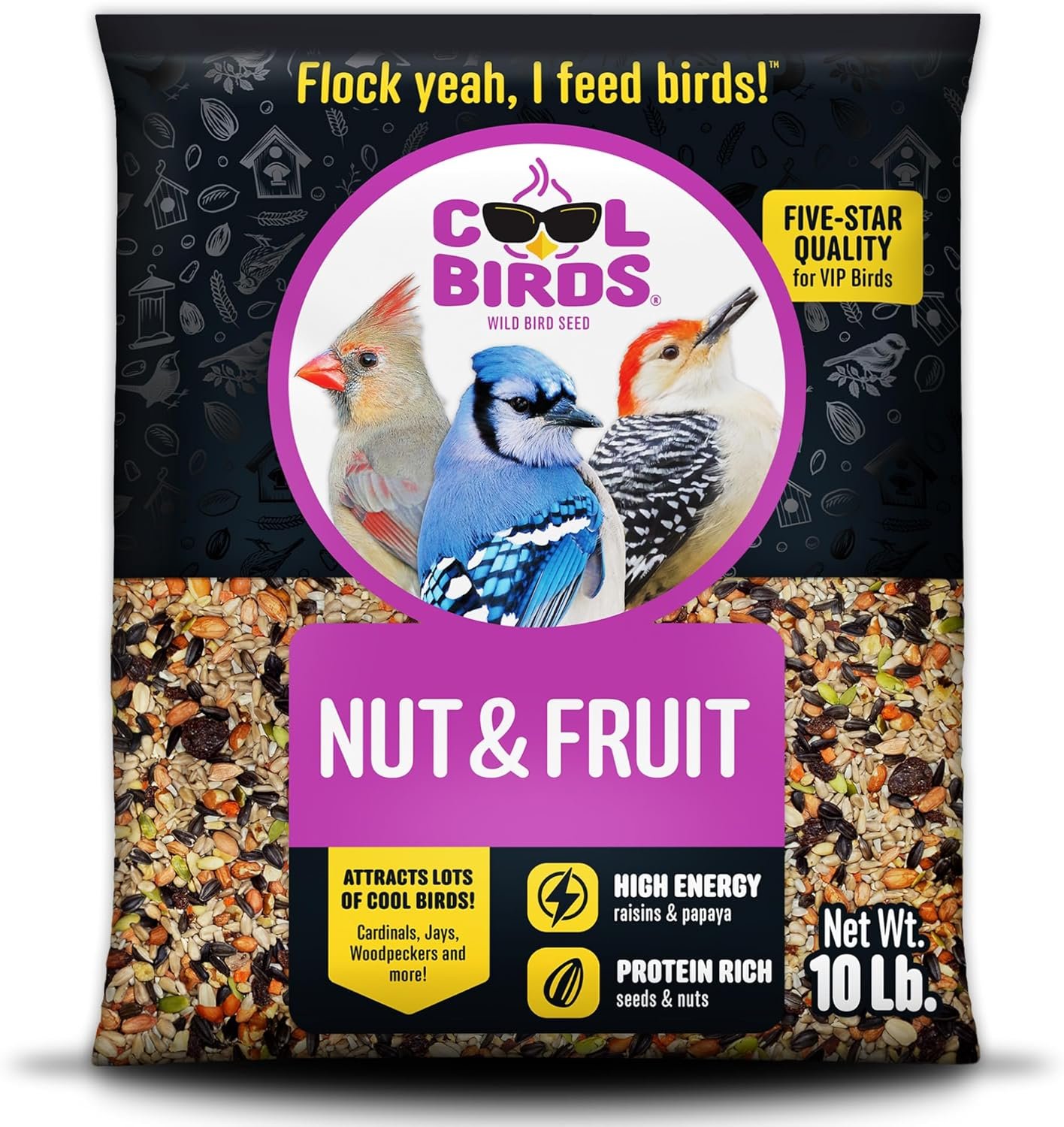 Cool Birds Nut & Fruit Wild Bird Seed – 10 lb. Gourmet Bird Food with Sunflower Hearts, Peanuts, Tree Nuts & Real Fruit – No Corn, Milo or Millet Bird Seed for Outside Feeders