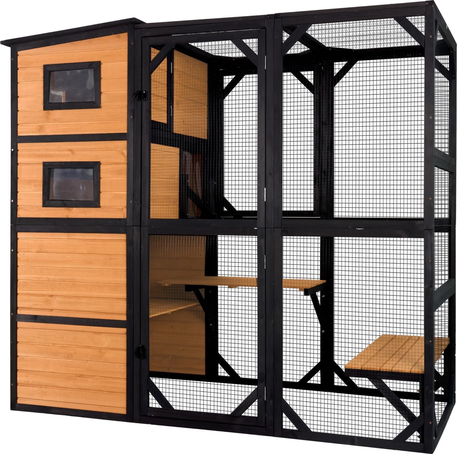 Aivituvin Large Cat Catio 4 Tiers Cat Enclosures House for Outdoor Indoor Cats with Weatherproof Roof, 3 Resting Rooms, 3 Platforms, 5 Windows 70″ H 77″ L