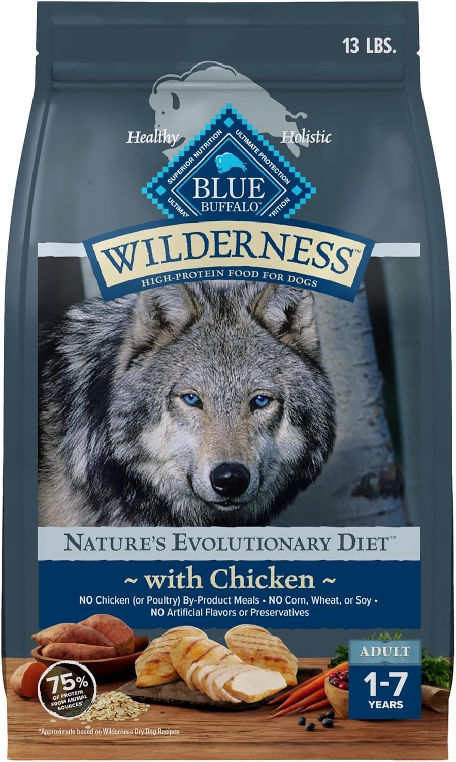 Blue Buffalo Wilderness with Chicken High Protein Dry Dog Food for Adult Dogs, 34% Protein, Supports Immunity with Antioxidant-Rich LifeSource Bits, 13 lbs.