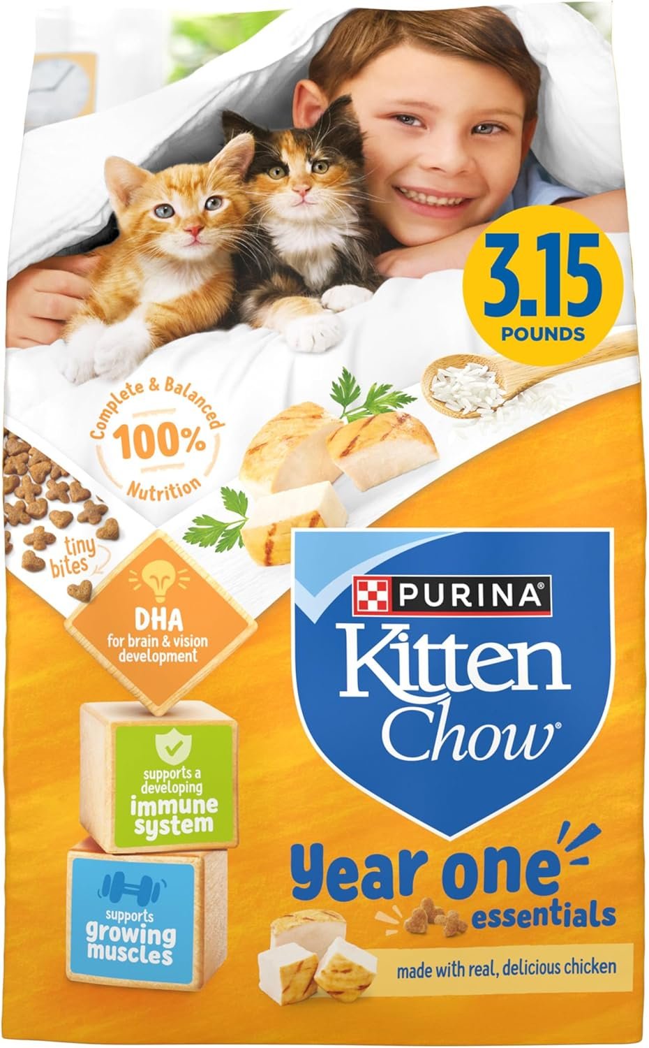 Purina Kitten Chow Kitten Food Healthy Development with Real Chicken Dry Kitten Food – (Pack of 4) 3.15 lb. Bag