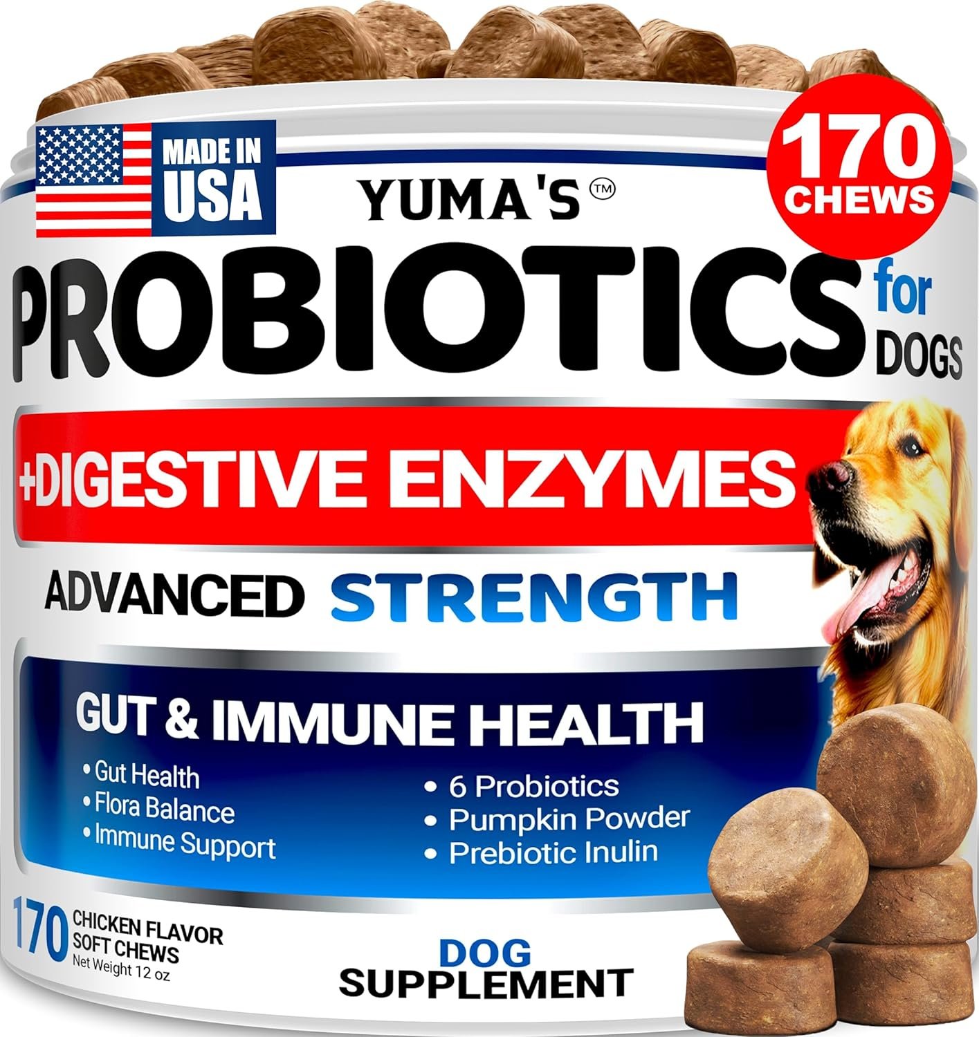 Probiotics for Dogs and Digestive Enzymes – 170 Dog Probiotics Chews – Dog Probiotic – Anti Diarrhea, Upset Stomach & Gas Relief, Constipation, Canine Prebiotic – Pet Fiber Supplement – Gut Health