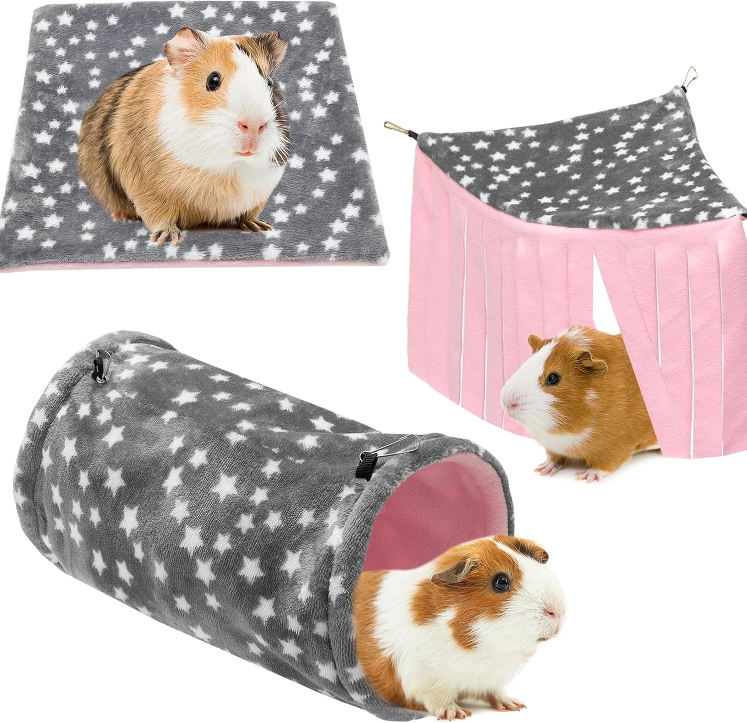 Guinea Pig Hideout, 3 Pack Soft Fleece Small Animal Tunnel Tube & Mat & Corner Hideout Cage Accessories for Guinea Pigs, Rabbit, Ferret, Chinchilla, Hedgehogs