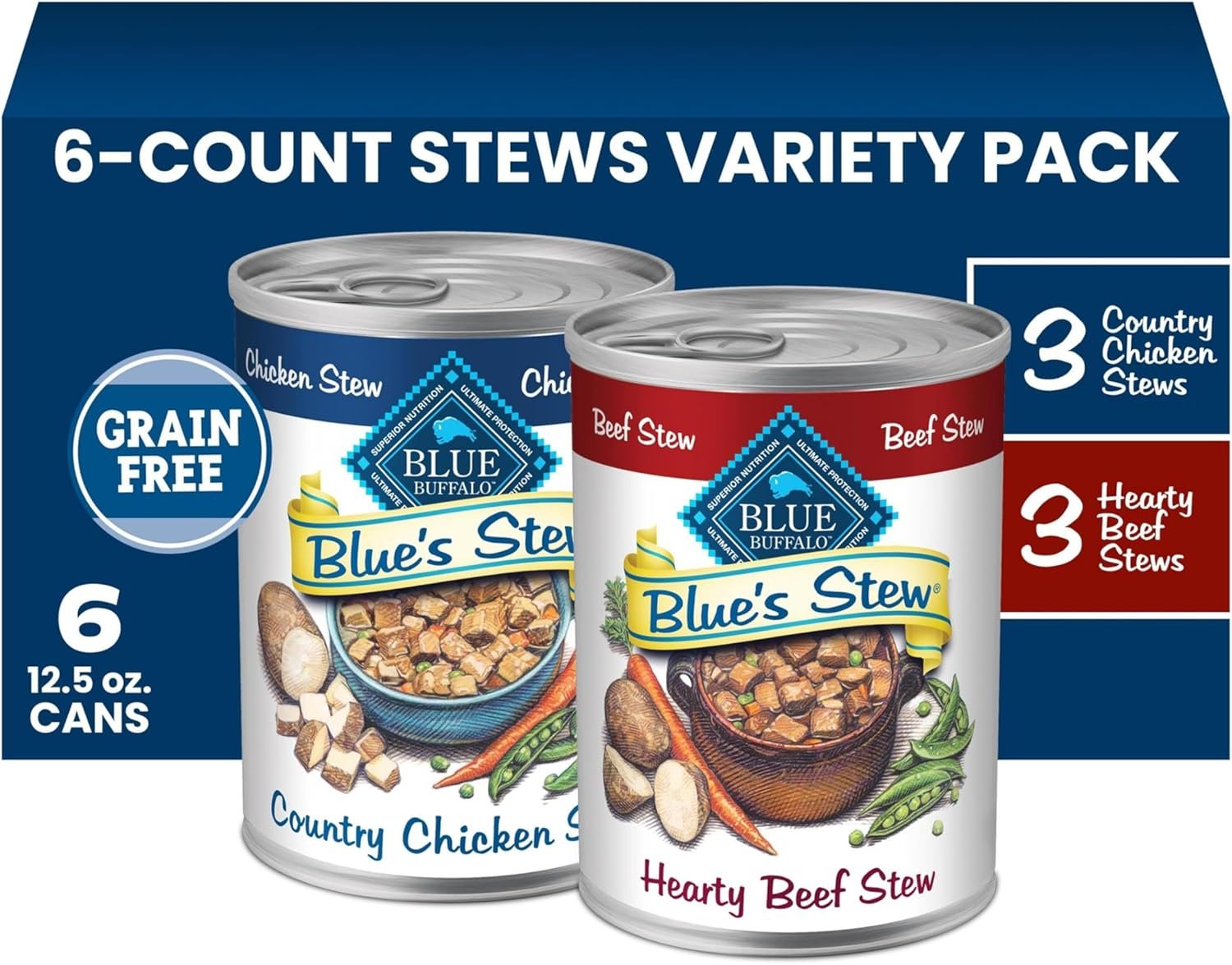 Blue Buffalo Blue’s Stew Variety Pack Hearty Beef & Country Chicken Stew Natural Grain Free Wet Dog Food with Real Meat in Thick Savory Gravy, Natural Ingredients, 12.5-oz Cans (6 Count)