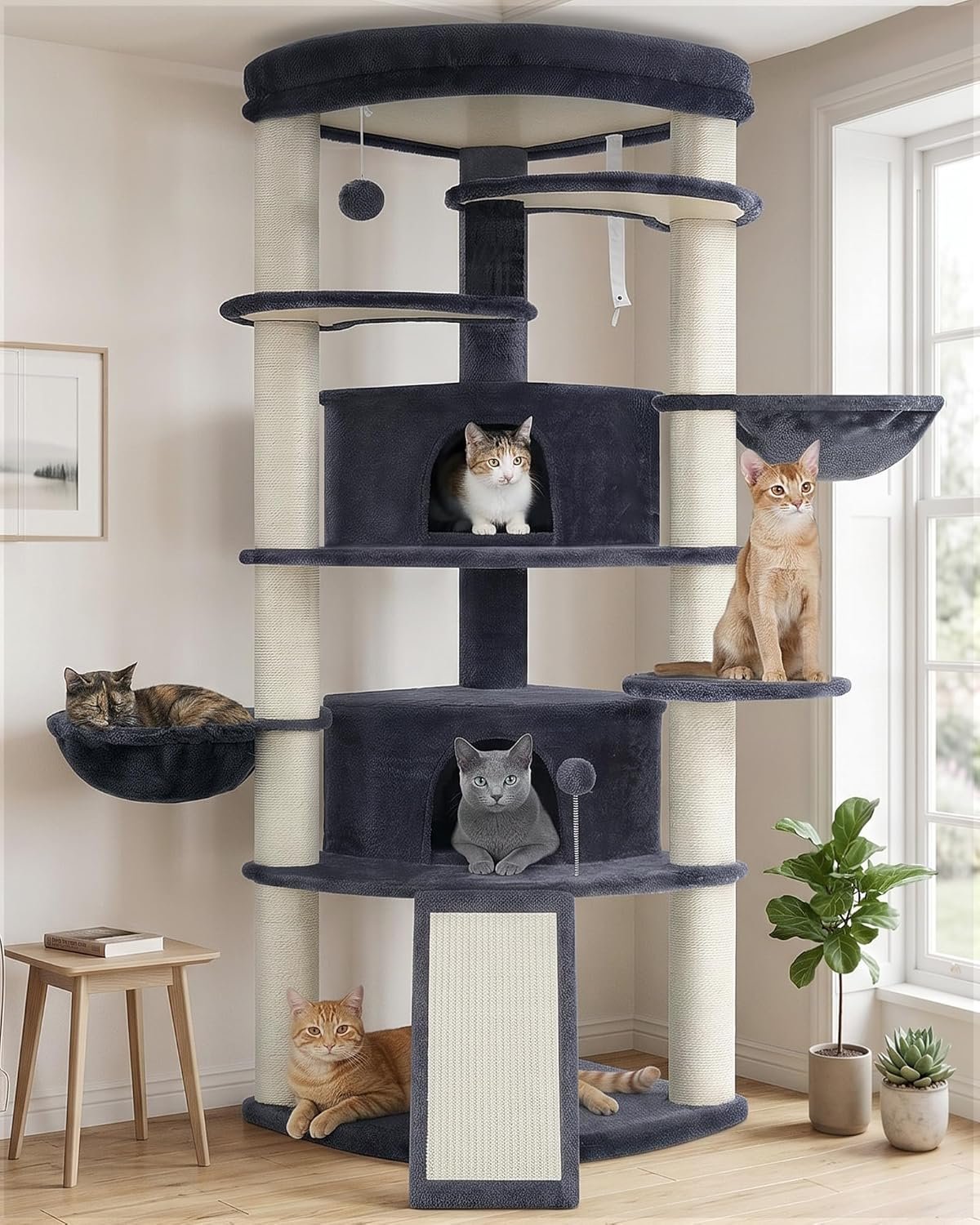 Gitelsnour Corner Cat Tree for Indoor Cats, Cat Tower with All Sisal Scratching Posts, Multi-Level Cat Condo wth 2 Large Cat Caves, Big Top Perch, 2 Hanging Baskets, Sisal Ramp, Drak Gray GCT035G