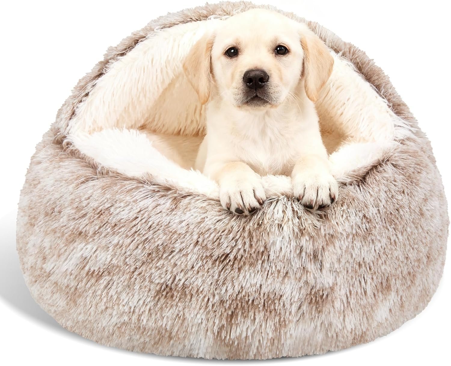 Calming Dog Beds & Cat Cave Bed with Hooded Cover,Removable Washable Round Beds for Small Medium Pets,Anti-Slip Faux Fur Fluffy Coved Bed for Improved Sleep,Fits up to 15/25 lbs(Medium,24″x24″)