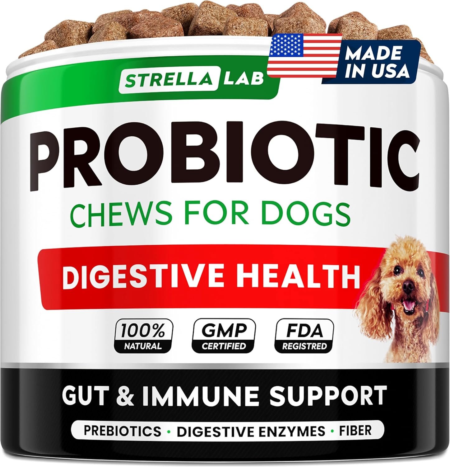 STRELLALAB Dog Probiotics Chews for Digestive Health & Gut Support with Yeast and Enzymes – Anti Gas, Diarrhea and Upset Stomach Immune Supplement – Digestion Treats with Fiber (120Ct, Chicken)