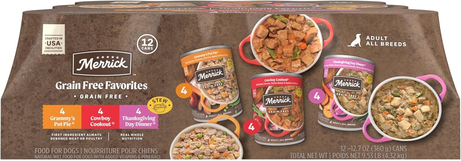 Merrick Grain Free Wet Dog Food, Premium Gluten Free Canned Variety Pack, Beef, Chicken and Turkey Recipes – (Pack of 12) 12.7 oz. Cans