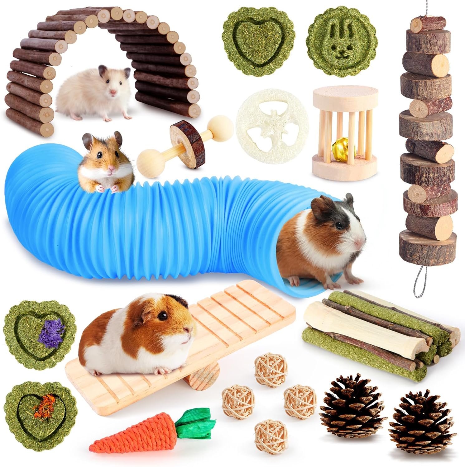 Kyouki Hamster Toys Guinea Pig Toys Set with Tunnel, Chewable Apple Wood & Natural Timothy Hay – Enrichment Chew Toys for Small Animals – 24+ Cage Accessories for Teeth Care & Boredom Relief (Blue)