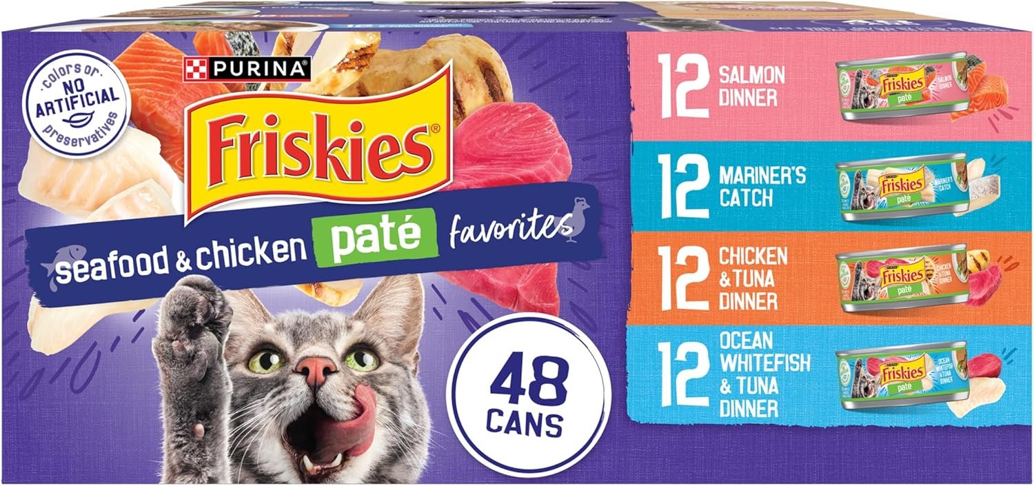 Purina Friskies Pate Wet Cat Food Variety Pack Seafood and Chicken Pate Favorites – 48 ct. Can